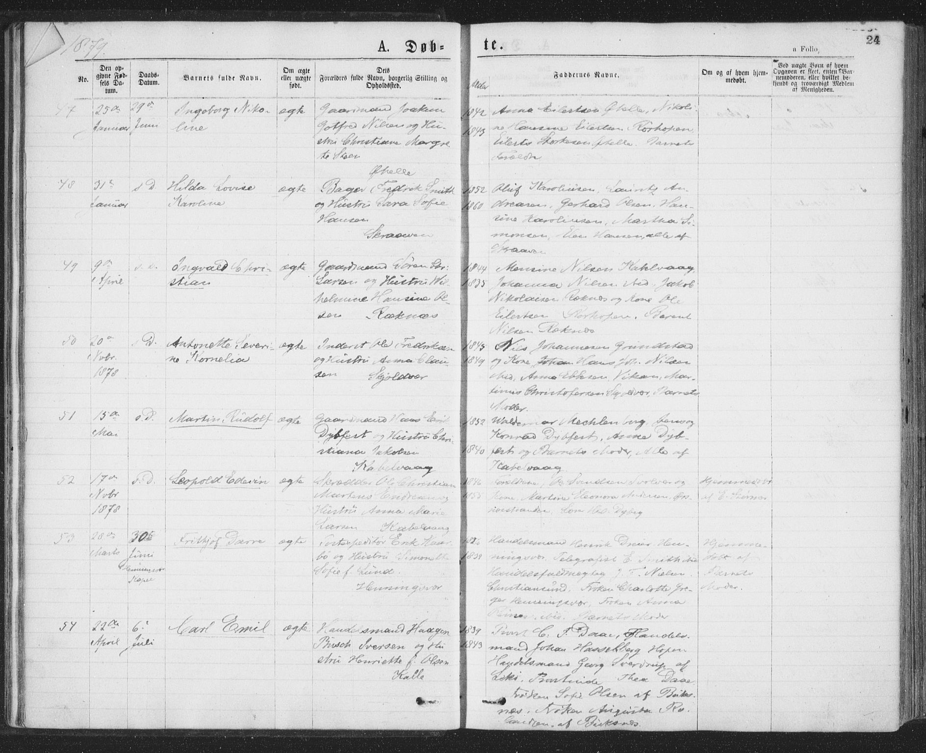 Ministerialprotokoller, klokkerbøker og fødselsregistre - Nordland, SAT/A-1459/874/L1058: Ministerialbok nr. 874A02, 1878-1883, s. 24