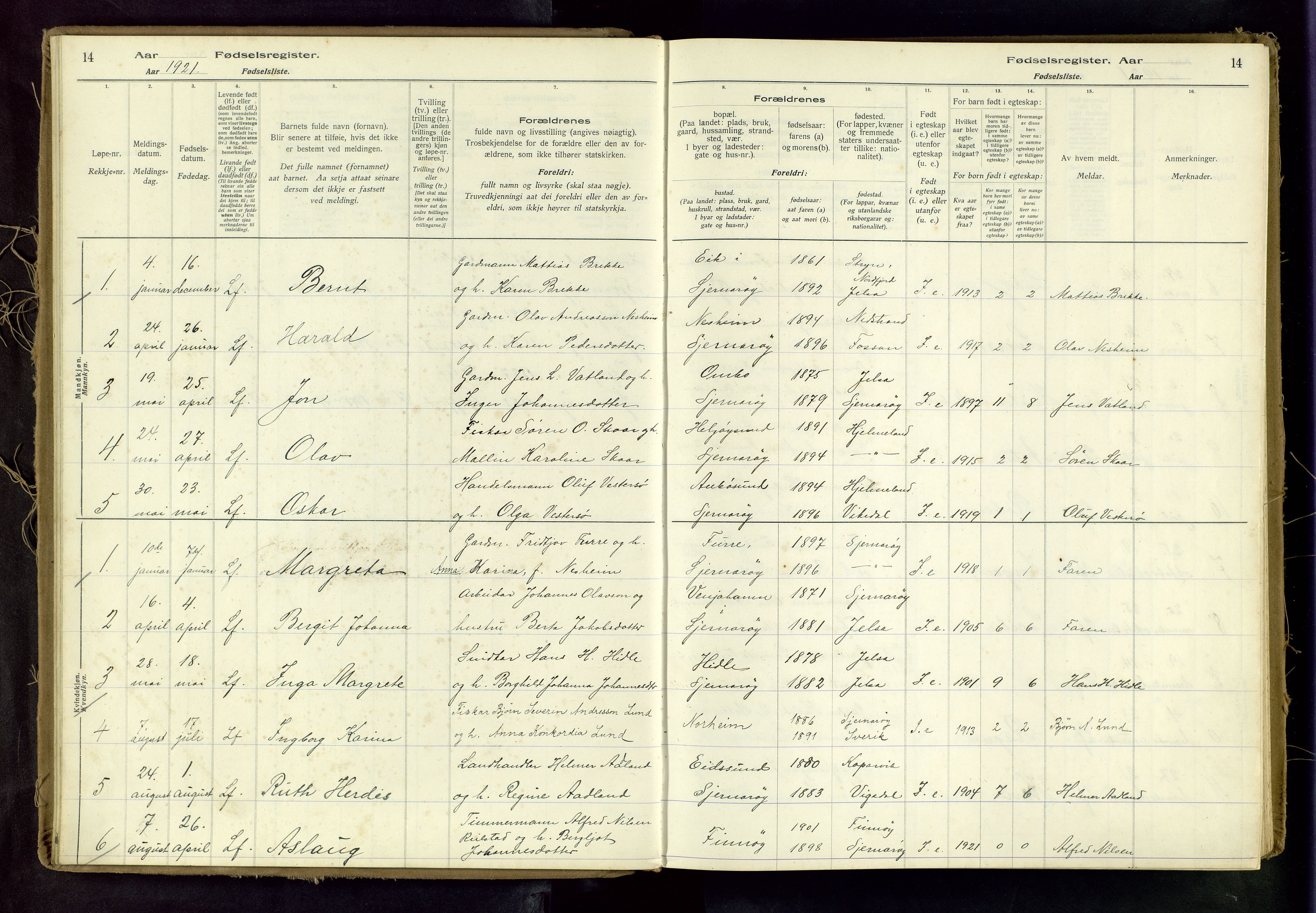 Nedstrand sokneprestkontor, AV/SAST-A-101841/03/A/L0001: Fødselsregister nr. 1, 1916-1982, s. 14