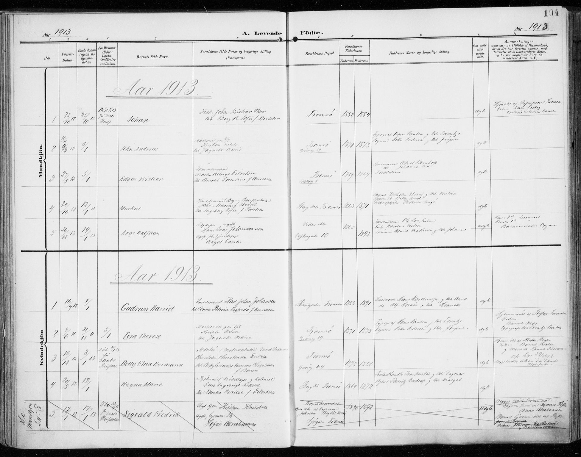 Tromsø sokneprestkontor/stiftsprosti/domprosti, SATØ/S-1343/G/Ga/L0017kirke: Ministerialbok nr. 17, 1907-1917, s. 104