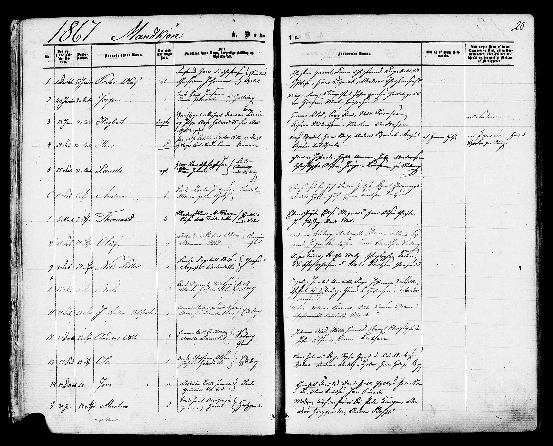 Sande Kirkebøker, AV/SAKO-A-53/F/Fa/L0005: Ministerialbok nr. 5, 1865-1877, s. 20