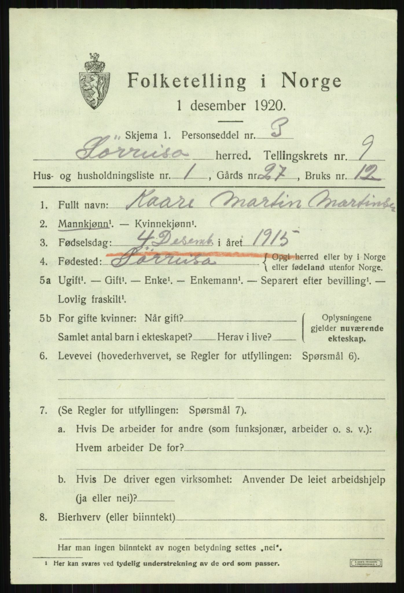 SATØ, Folketelling 1920 for 1925 Sørreisa herred, 1920, s. 4033