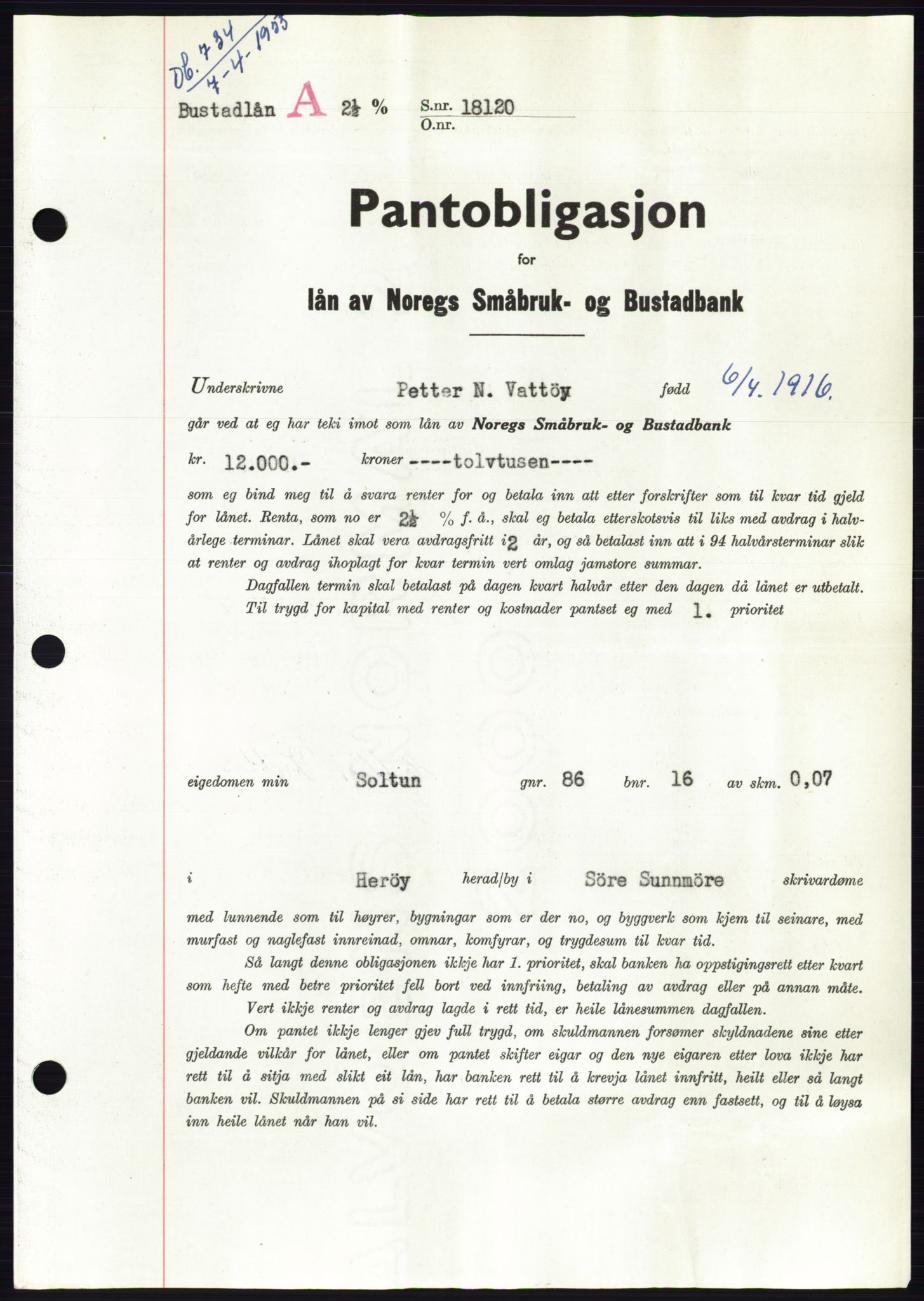 Søre Sunnmøre sorenskriveri, SAT/A-4122/1/2/2C/L0123: Pantebok nr. 11B, 1953-1953, Dagboknr: 734/1953