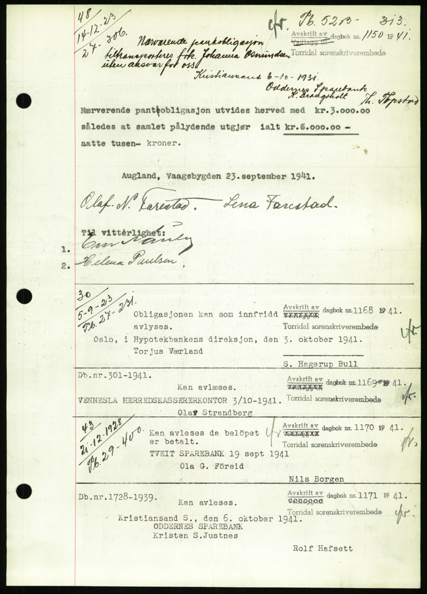 Torridal sorenskriveri, SAK/1221-0012/G/Gb/Gbb/L0008: Pantebok nr. 52b, 1940-1942, Dagboknr: 1150/1941