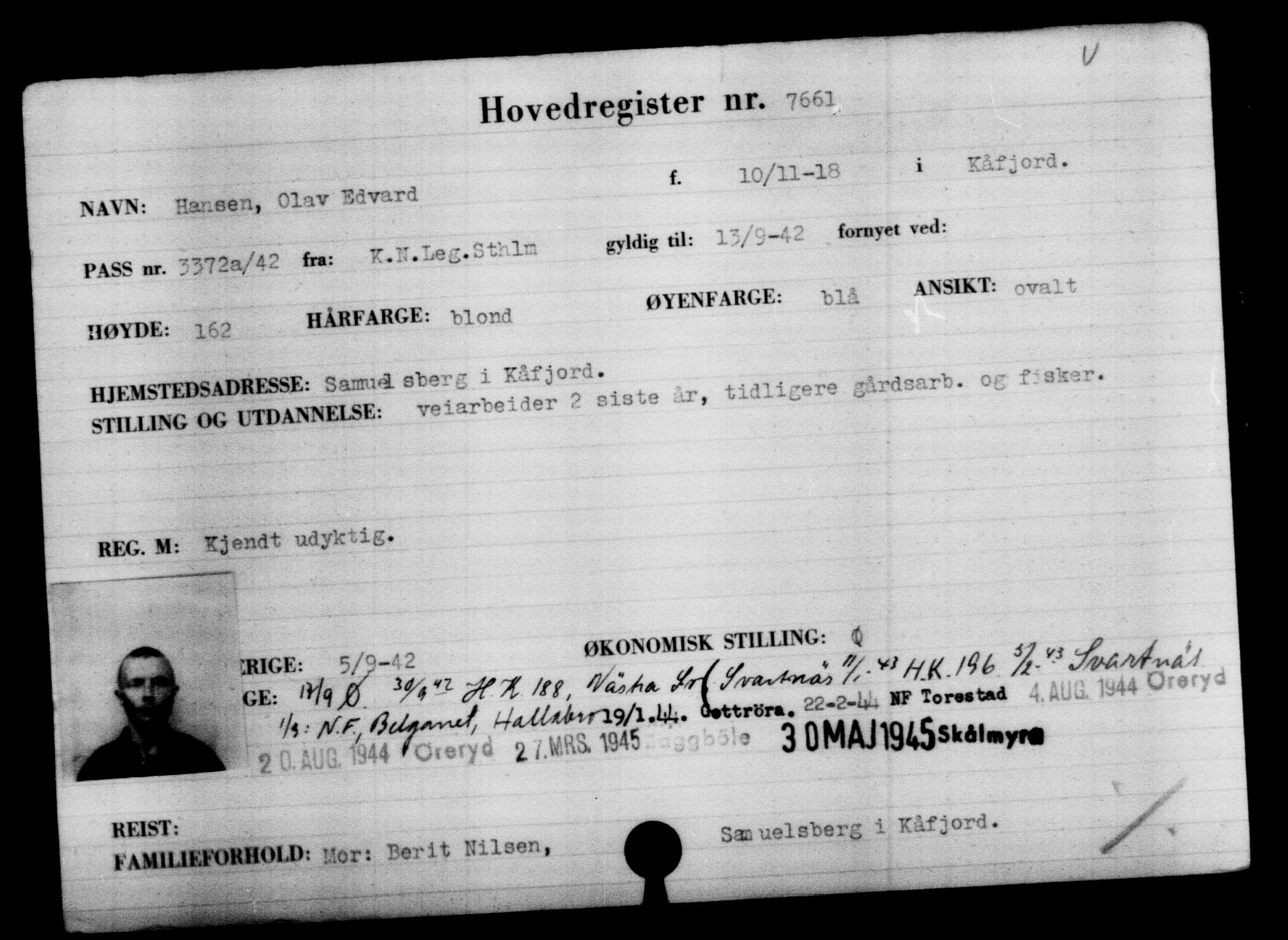 Utenriksstasjonene, Legasjonen i Stockholm, Flyktningkontoret, AV/RA-S-6753/V/Va/L0005: Kjesäterkartoteket, flyktninger med registreringsnr. 6600-9417, 1940-1945, s. 1238