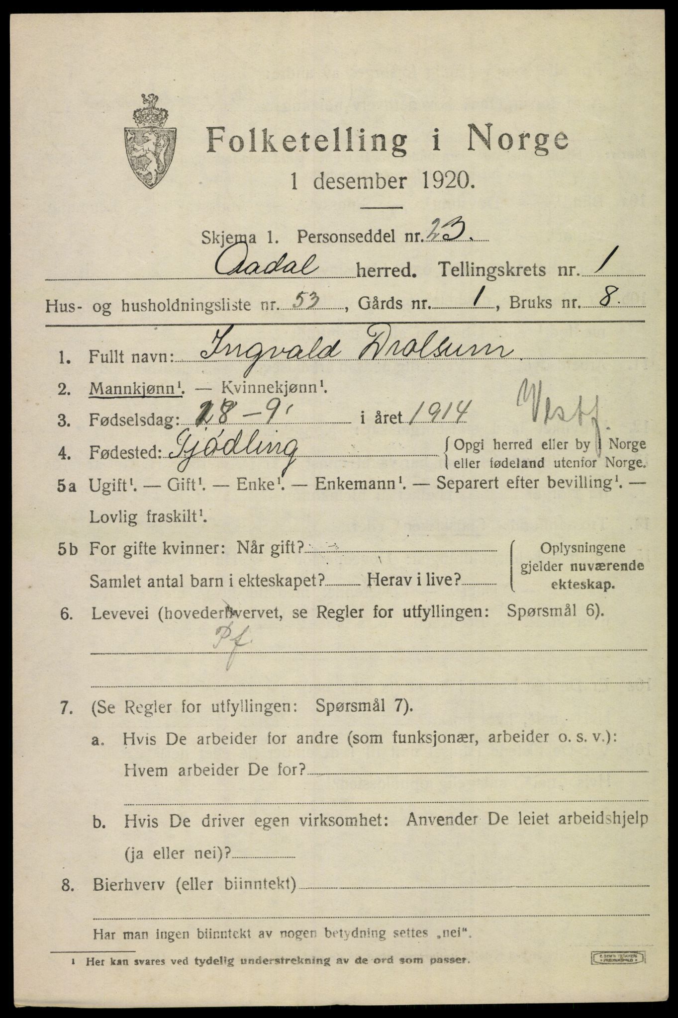 SAKO, Folketelling 1920 for 0614 Ådal herred, 1920, s. 2030