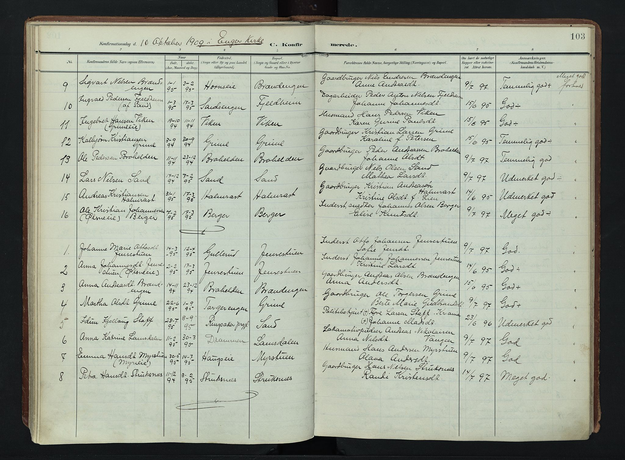 Søndre Land prestekontor, AV/SAH-PREST-122/K/L0007: Ministerialbok nr. 7, 1905-1914, s. 103