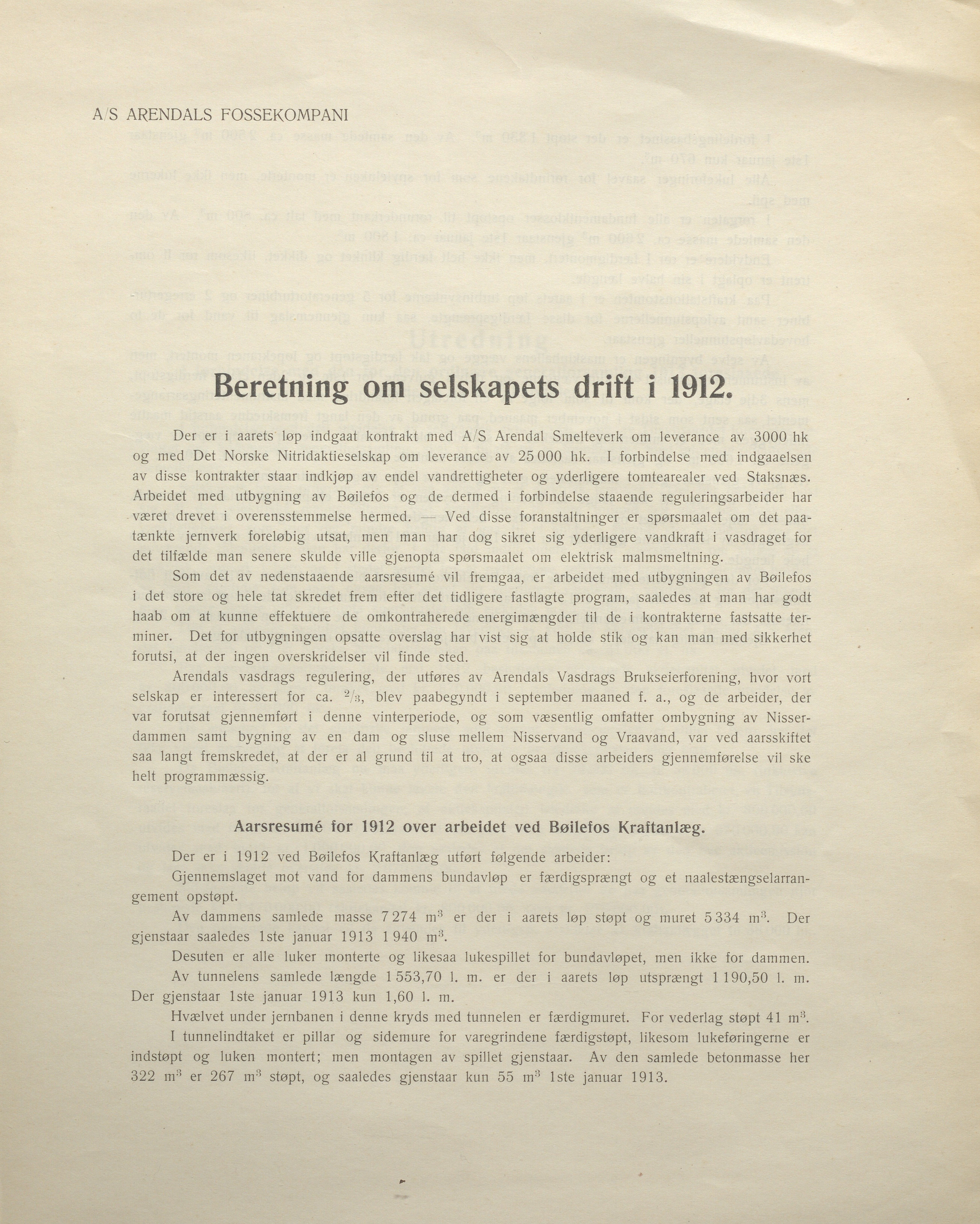 Arendals Fossekompani, AAKS/PA-2413/X/X01/L0001/0002: Beretninger, regnskap, balansekonto, gevinst- og tapskonto / Beretning om selskapets drift i 1912. Balansekonto og gevinst- og tapskonto 1912, 1912, s. 1