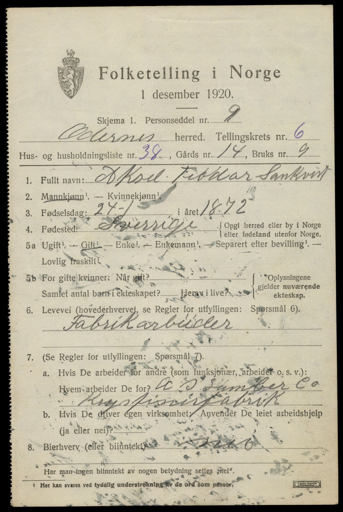 SAK, Folketelling 1920 for 1012 Oddernes herred, 1920, s. 5387