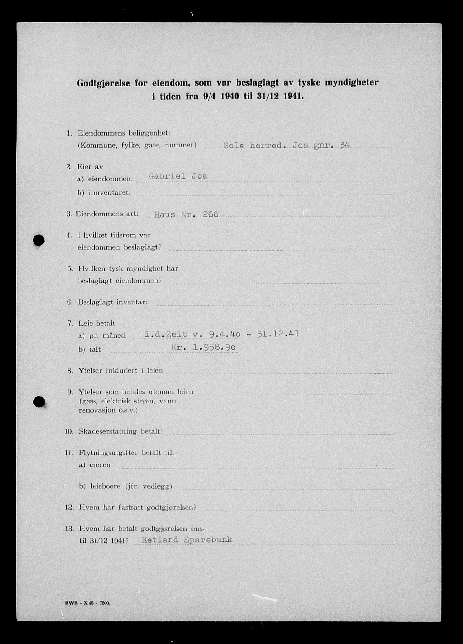 Justisdepartementet, Tilbakeføringskontoret for inndratte formuer, AV/RA-S-1564/I/L1014: Godtgjørelse for beslaglagt eiendom, 1940-1941, s. 384