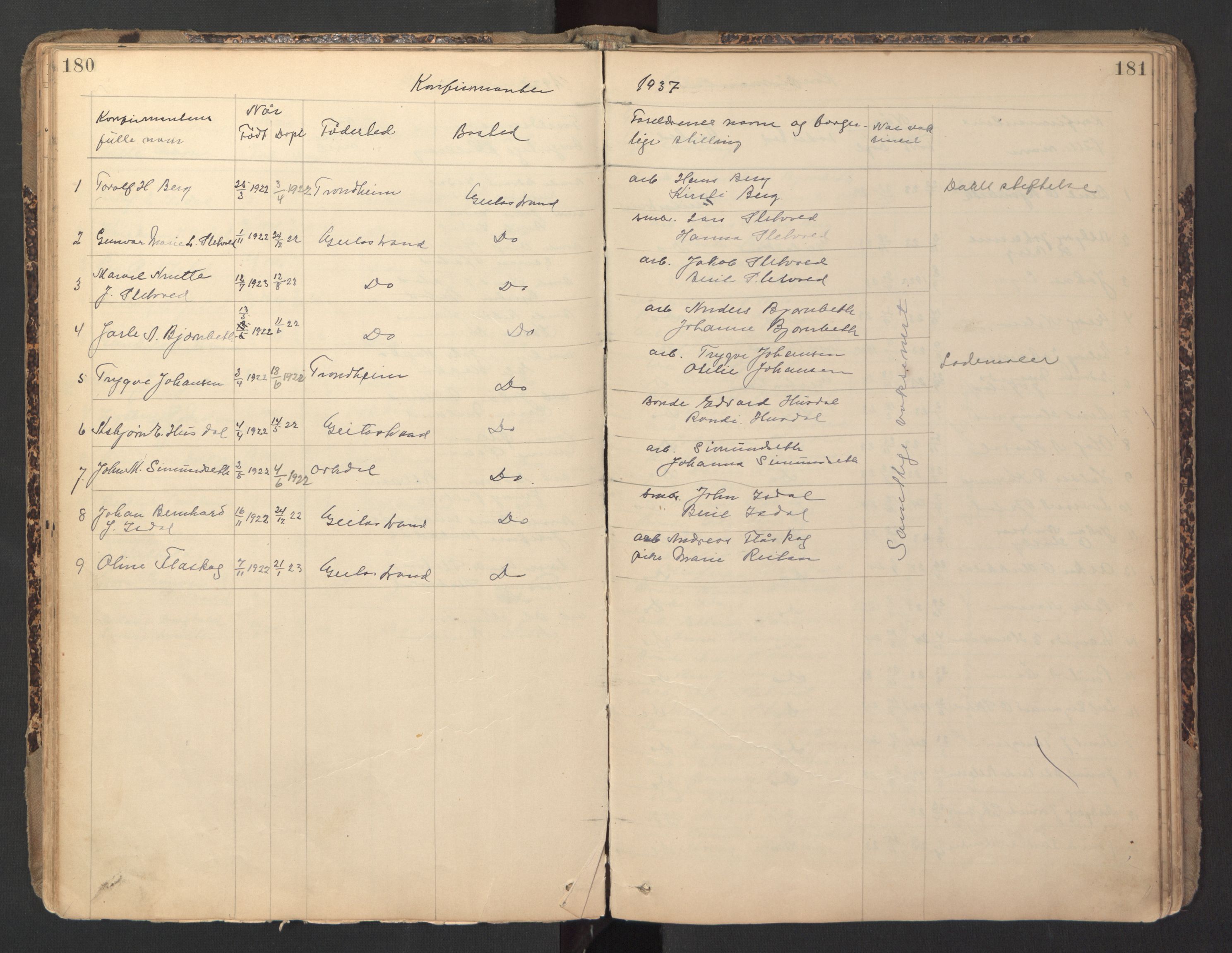 Ministerialprotokoller, klokkerbøker og fødselsregistre - Sør-Trøndelag, AV/SAT-A-1456/670/L0837: Klokkerbok nr. 670C01, 1905-1946, s. 180-181