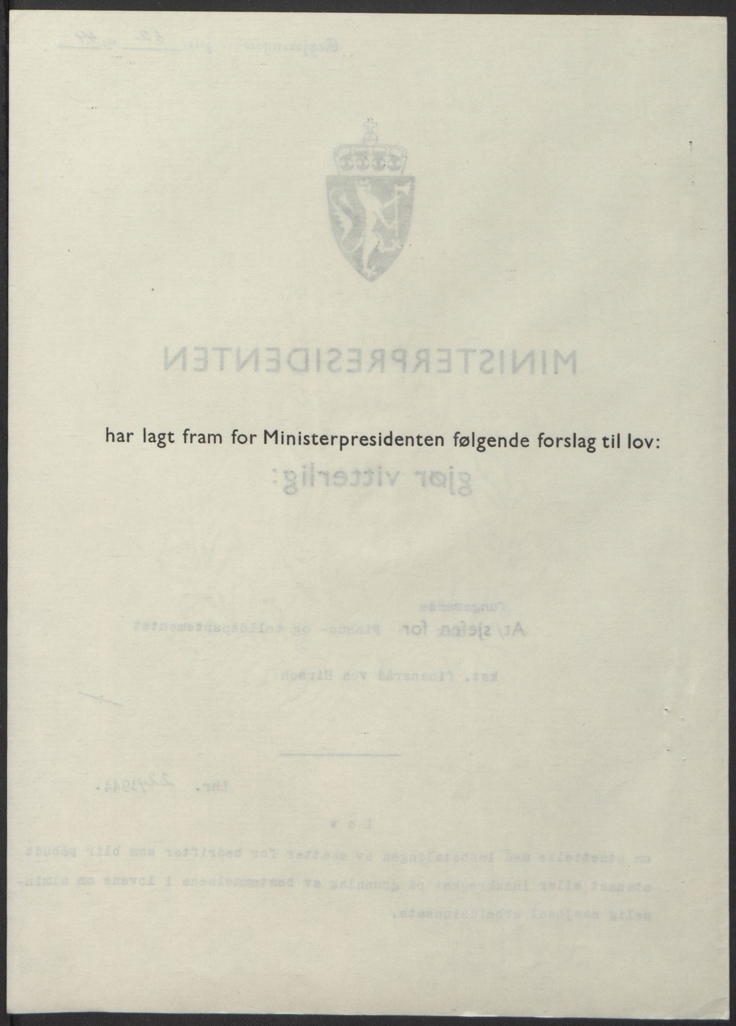NS-administrasjonen 1940-1945 (Statsrådsekretariatet, de kommisariske statsråder mm), RA/S-4279/D/Db/L0100: Lover, 1944, s. 101