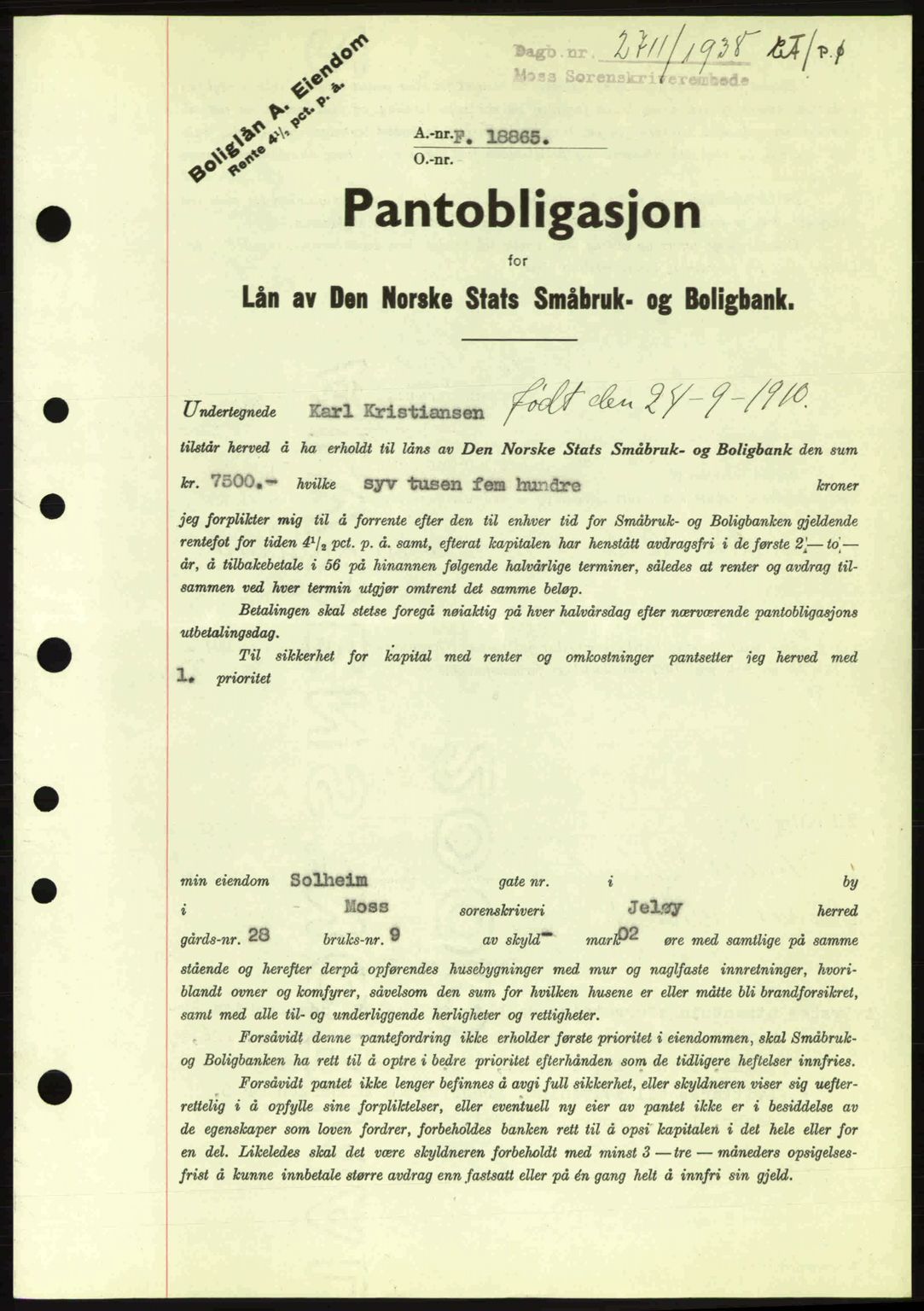 Moss sorenskriveri, SAO/A-10168: Pantebok nr. B6, 1938-1938, Dagboknr: 2711/1938
