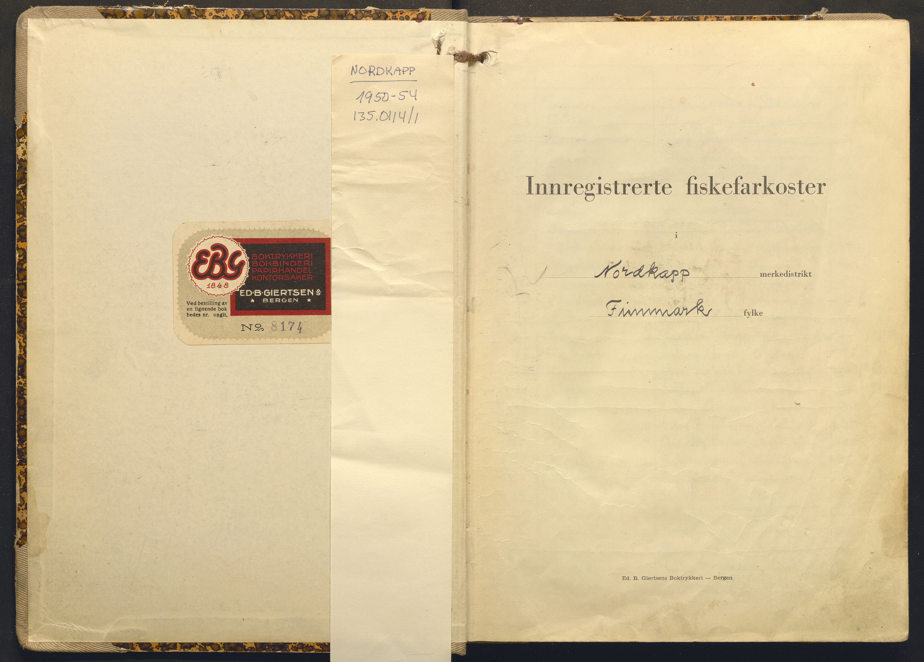 Fiskeridirektoratet - 1 Adm. ledelse - 13 Båtkontoret, AV/SAB-A-2003/I/Ia/Ia.a/L0044: 135.0114/1 Merkeprotokoll - Nordkapp, 1950-1954