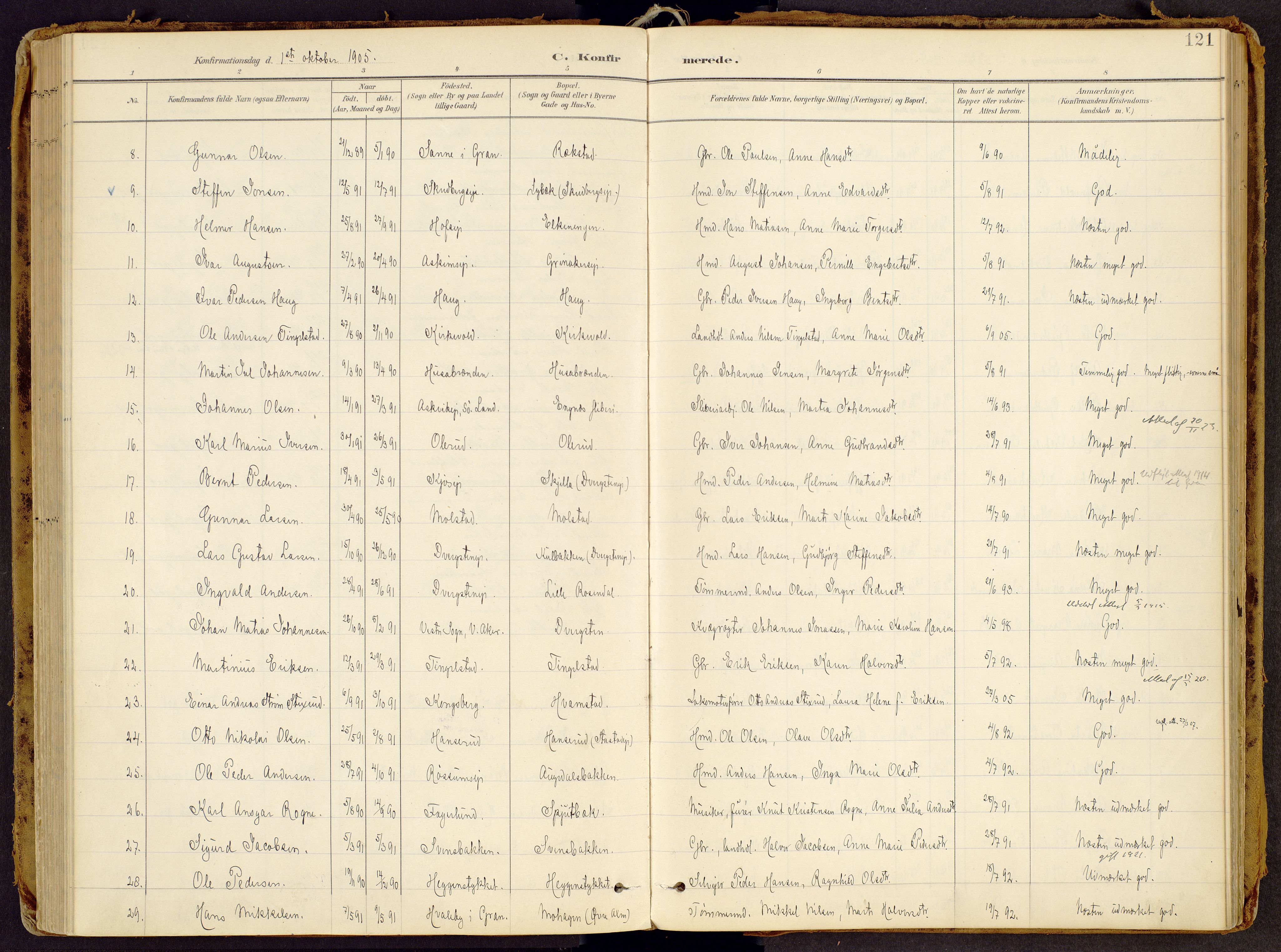 Brandbu prestekontor, SAH/PREST-114/H/Ha/Haa/L0002: Ministerialbok nr. 2, 1899-1914, s. 121