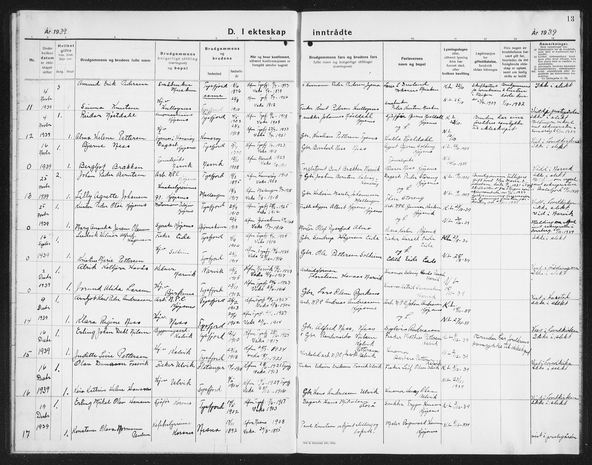 Ministerialprotokoller, klokkerbøker og fødselsregistre - Nordland, AV/SAT-A-1459/861/L0880: Klokkerbok nr. 861C06, 1936-1942, s. 13