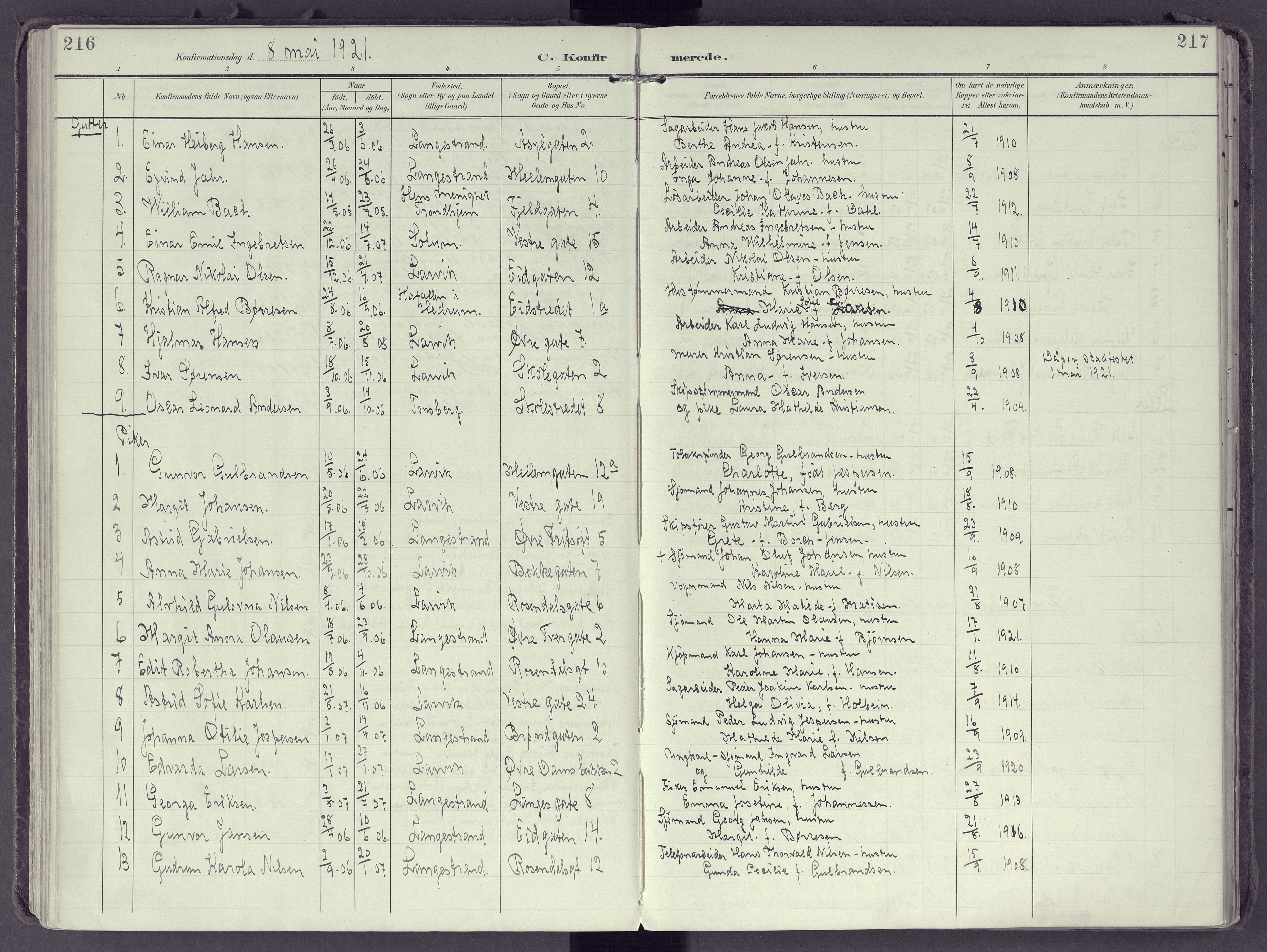 Larvik kirkebøker, SAKO/A-352/F/Fb/L0005: Ministerialbok nr. II 5, 1903-1925, s. 216-217