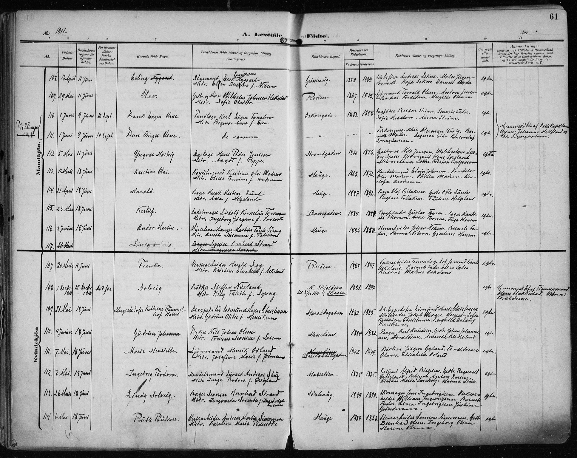 Haugesund sokneprestkontor, AV/SAST-A -101863/H/Ha/Haa/L0008: Ministerialbok nr. A 8, 1908-1921, s. 61