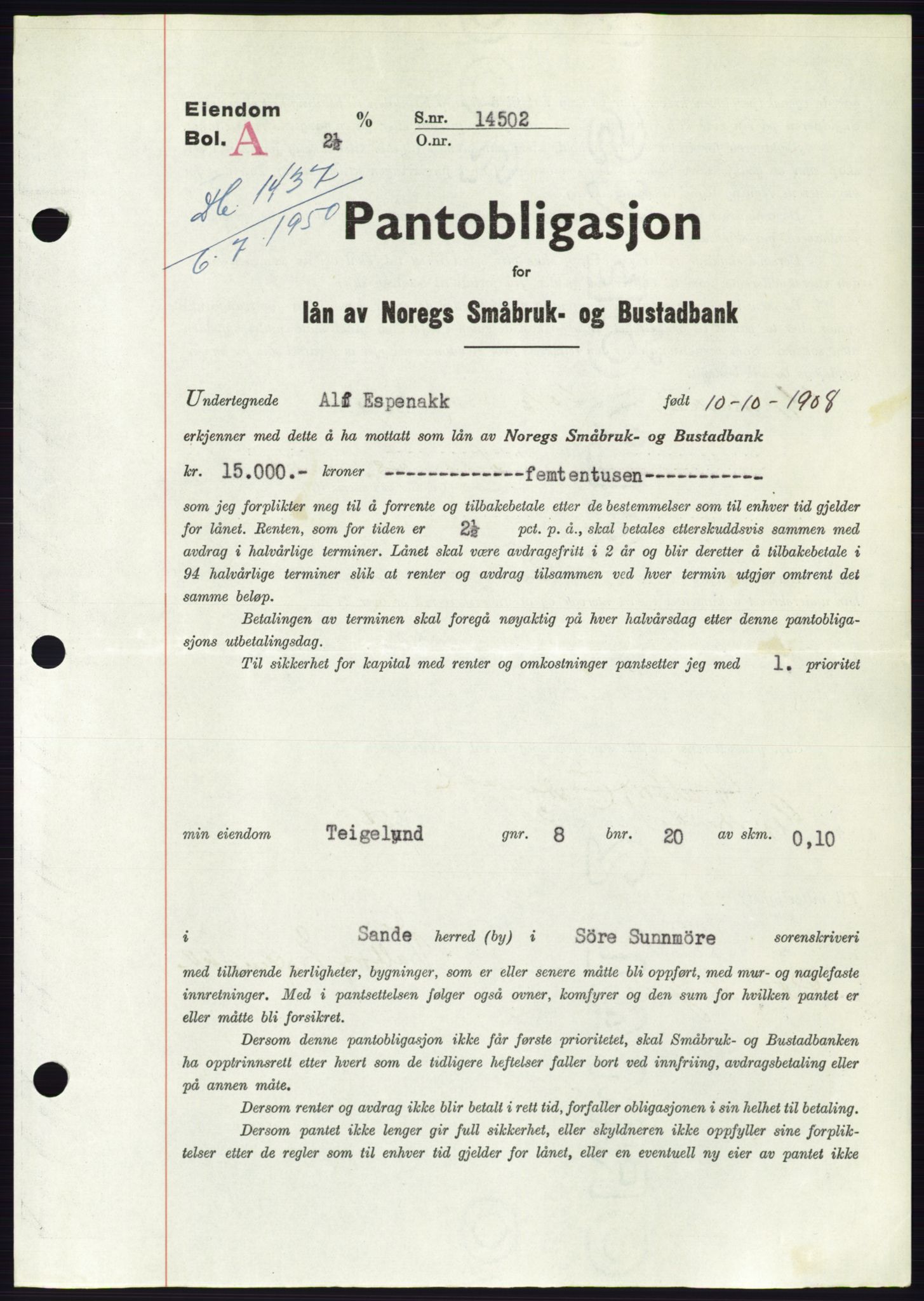Søre Sunnmøre sorenskriveri, SAT/A-4122/1/2/2C/L0118: Pantebok nr. 6B, 1949-1950, Dagboknr: 1437/1950