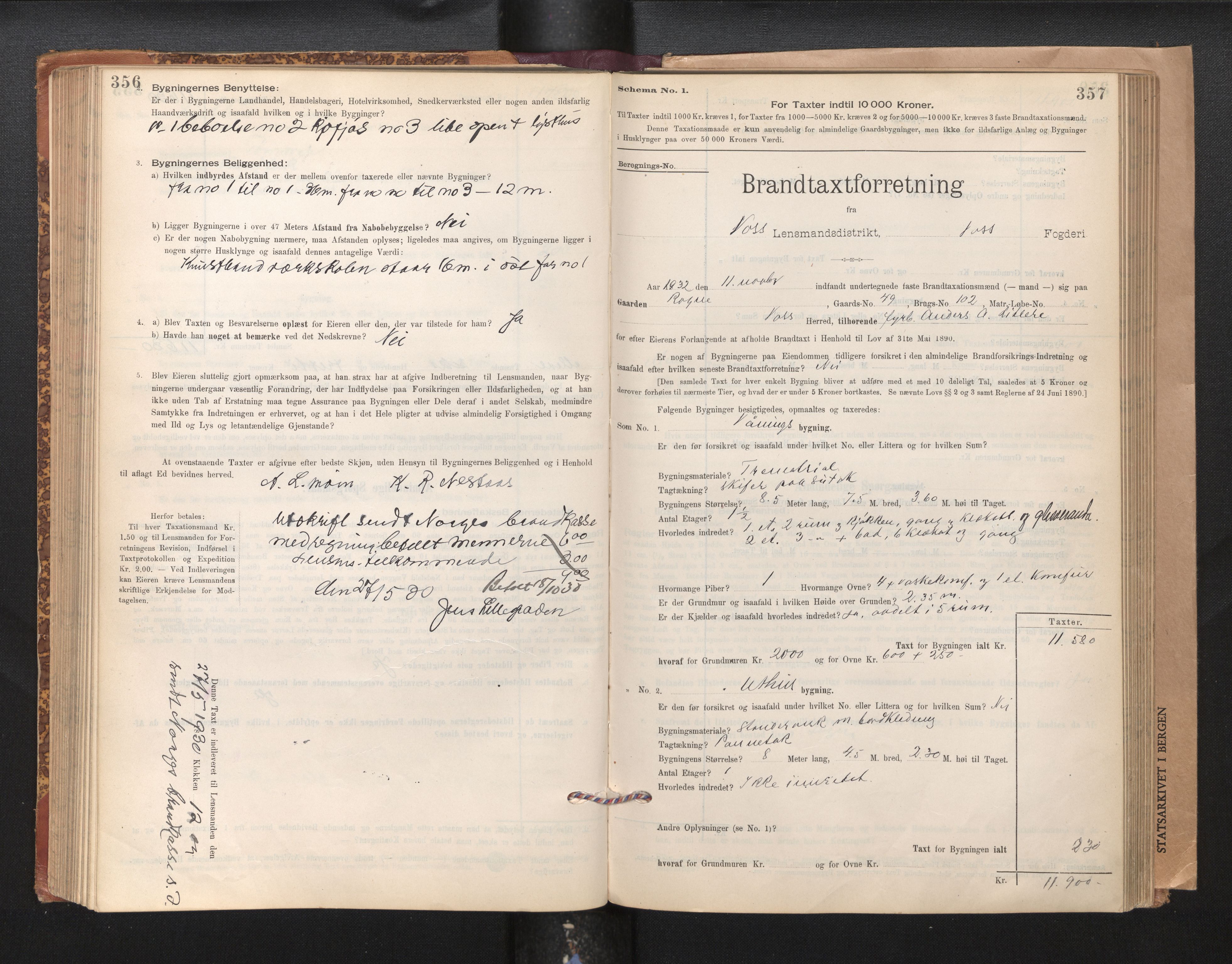 Lensmannen i Voss, SAB/A-35801/0012/L0008: Branntakstprotokoll, skjematakst, 1895-1945, s. 356-357