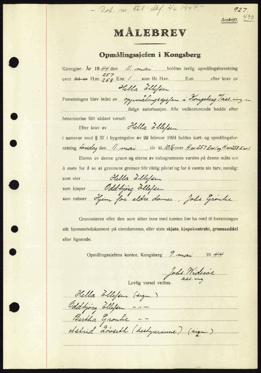 Numedal og Sandsvær sorenskriveri, SAKO/A-128/G/Ga/Gaa/L0055: Pantebok nr. A7, 1943-1944, Dagboknr: 568/1944