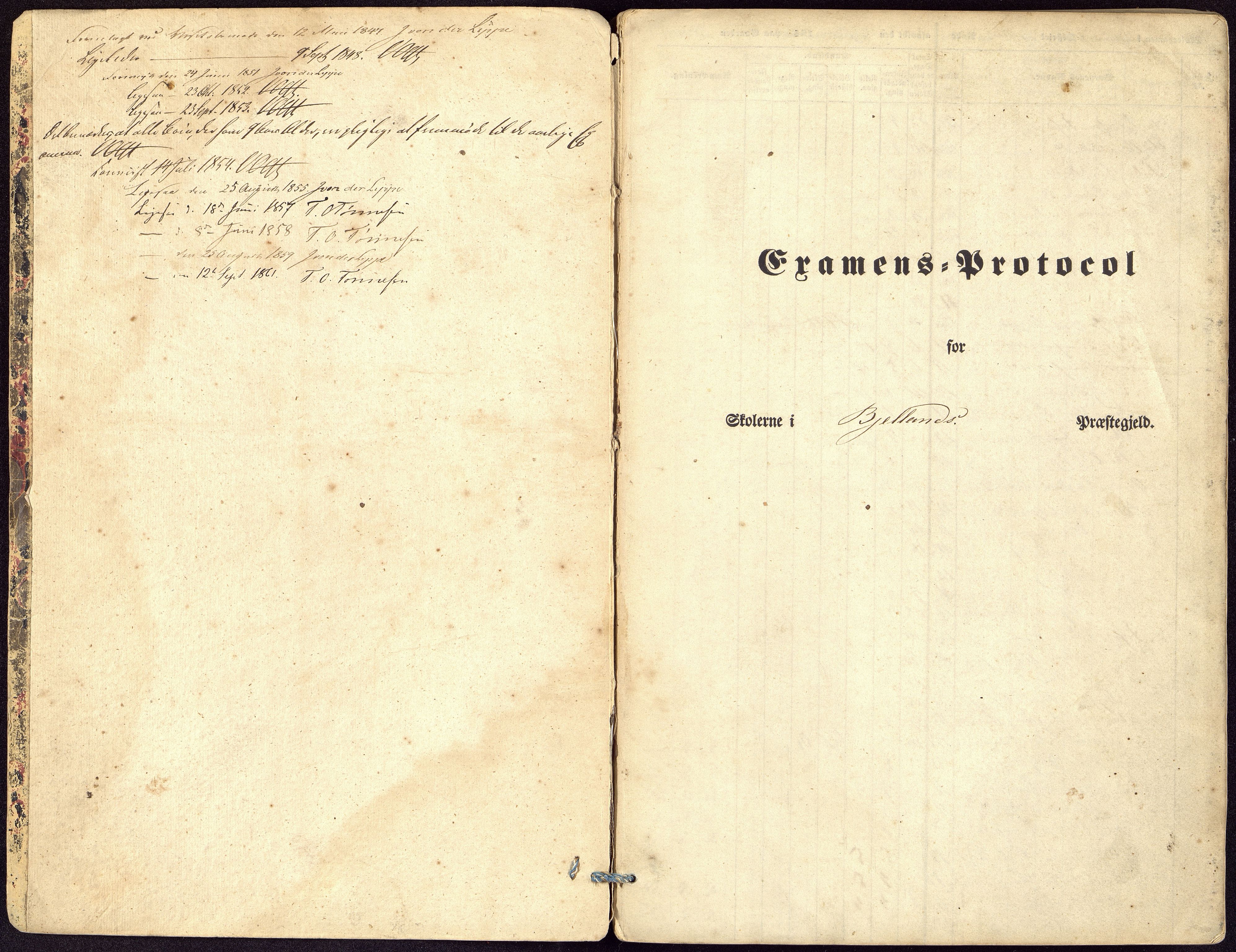 Bjelland og Grindheim kommune - De Enkelte Skoler og Kretser, ARKSOR/1027BG550/G/L0001: Eksamensprotokoll, Bjelland, Grindheim og Finsland, 1846-1859