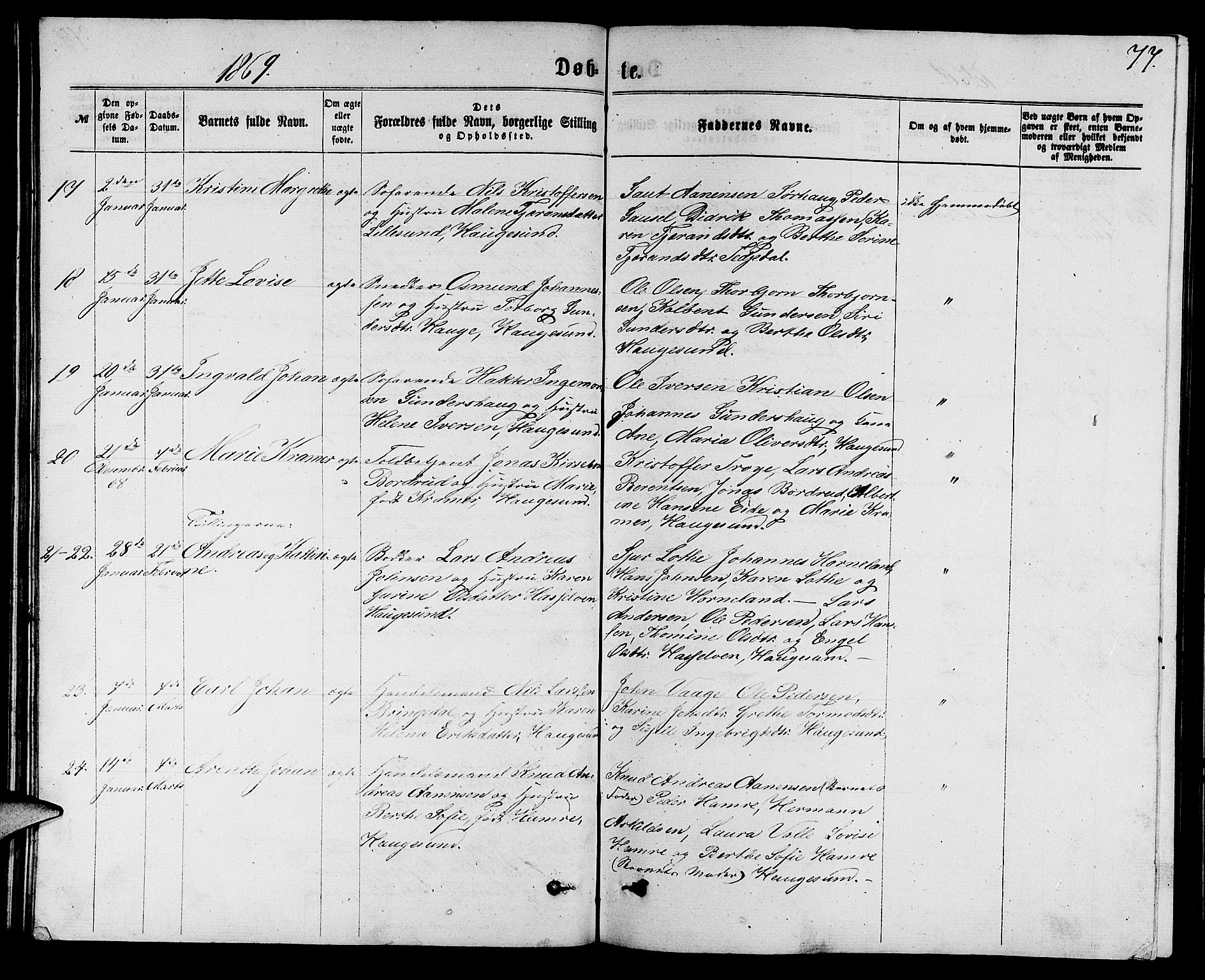 Torvastad sokneprestkontor, AV/SAST-A -101857/H/Ha/Hab/L0007: Klokkerbok nr. B 7, 1866-1873, s. 77