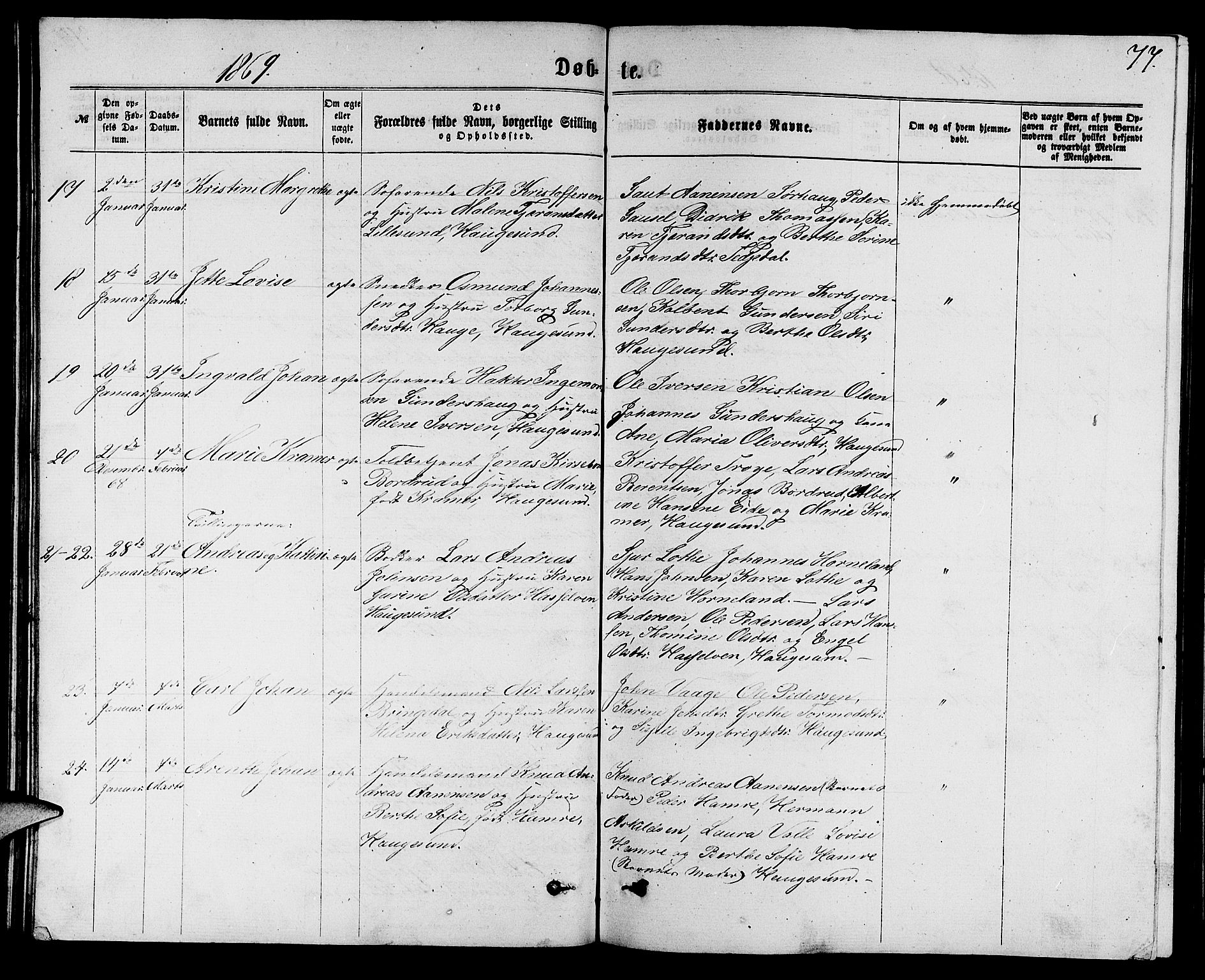 Torvastad sokneprestkontor, SAST/A -101857/H/Ha/Hab/L0007: Klokkerbok nr. B 7, 1866-1873, s. 77