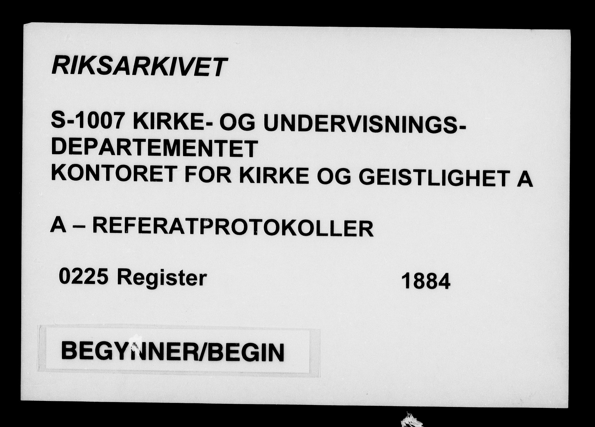 Kirke- og undervisningsdepartementet, Kontoret  for kirke og geistlighet A, RA/S-1007/A/Aa/L0225: Register, 1884