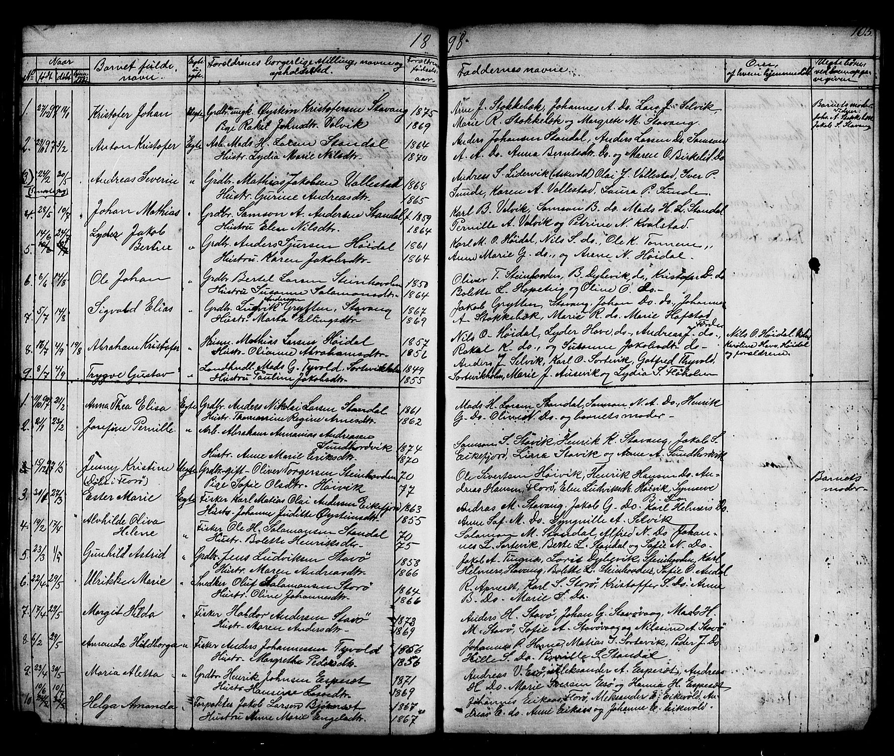 Kinn sokneprestembete, AV/SAB-A-80801/H/Hab/Habc/L0002: Klokkerbok nr. C 2, 1869-1918, s. 105