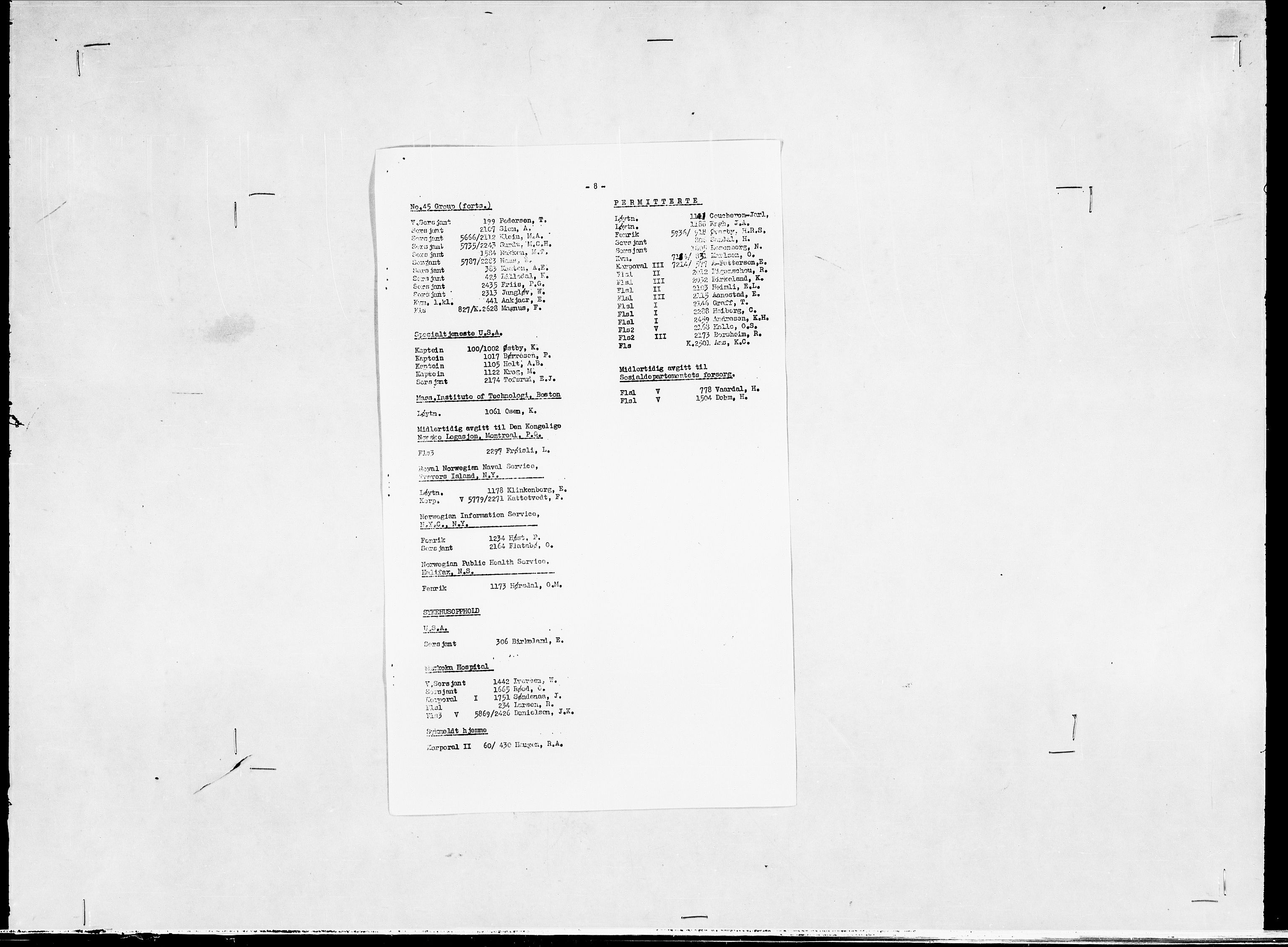 Forsvaret, Flyvåpnenes treningsleir 1940-1945, RA/RAFA-3974/V/L0038: Ekspedisjonskontoret. 8. Personellkontoret, 1940-1945