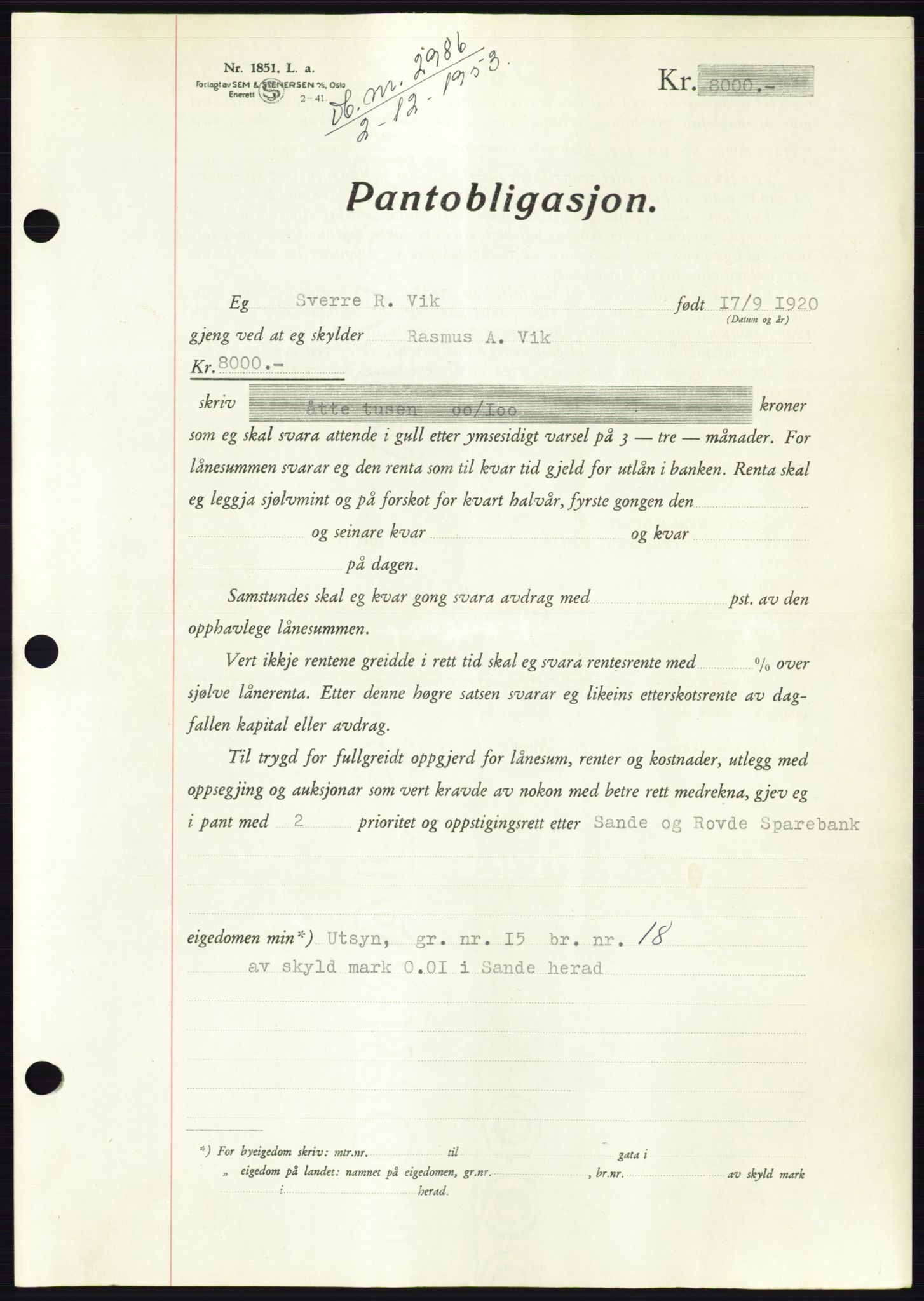 Søre Sunnmøre sorenskriveri, AV/SAT-A-4122/1/2/2C/L0124: Pantebok nr. 12B, 1953-1954, Dagboknr: 2986/1953
