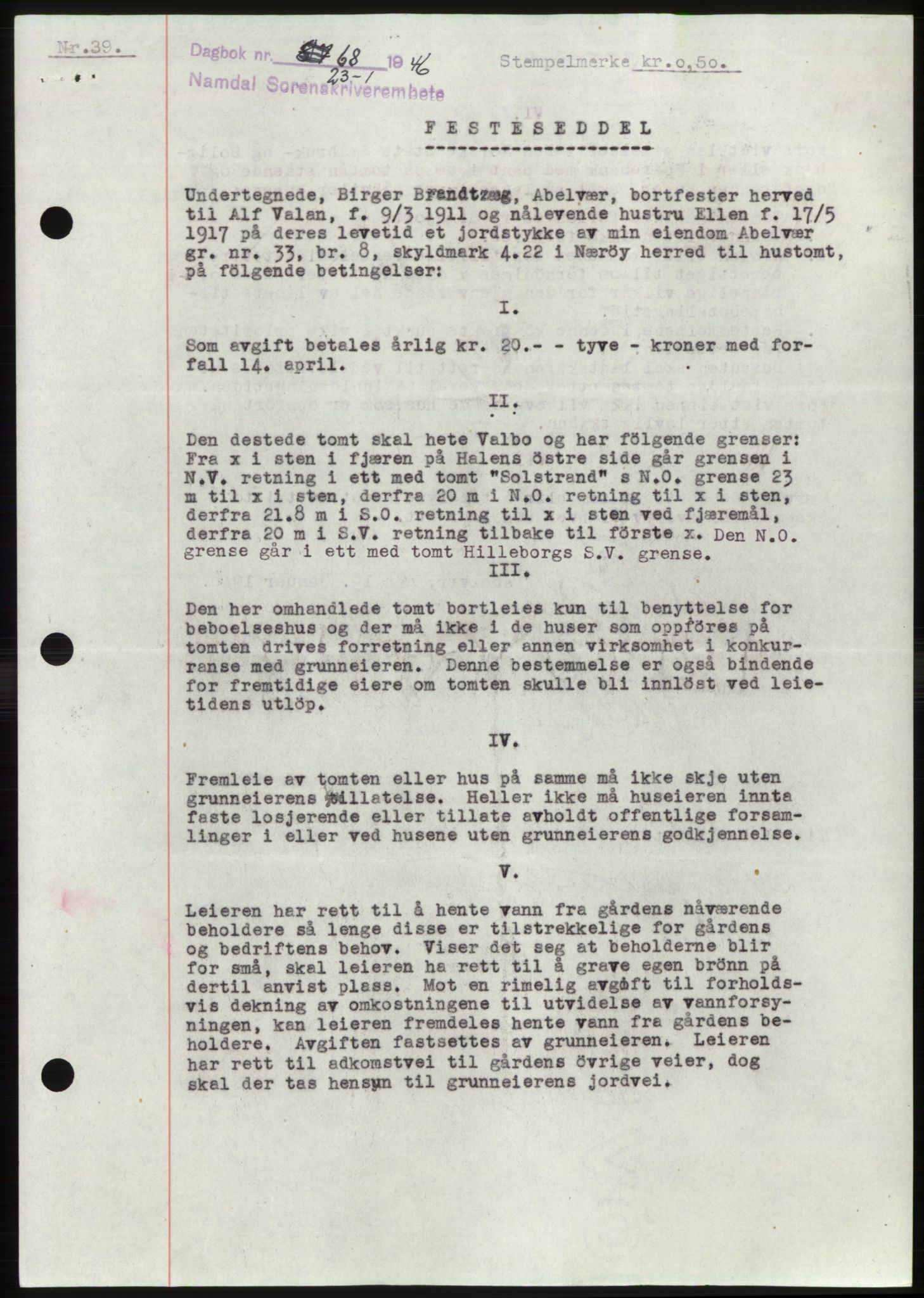 Namdal sorenskriveri, SAT/A-4133/1/2/2C: Pantebok nr. -, 1946-1946, Dagboknr: 68/1946