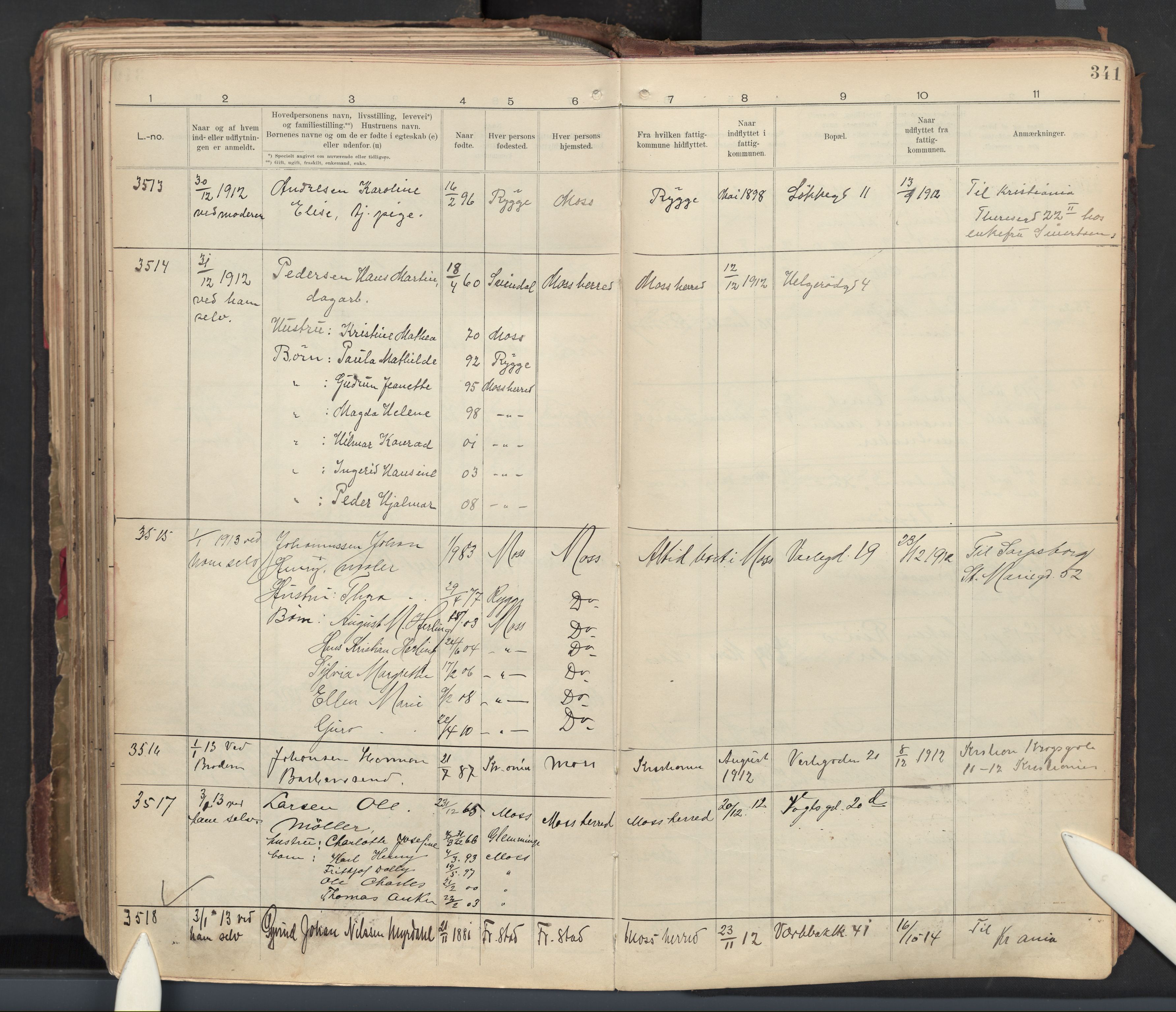 Moss folkeregister, SAO/A-10020/J/L0002: Inn- og utflyttede i Moss fattigkommune, 1905-1913, s. 341