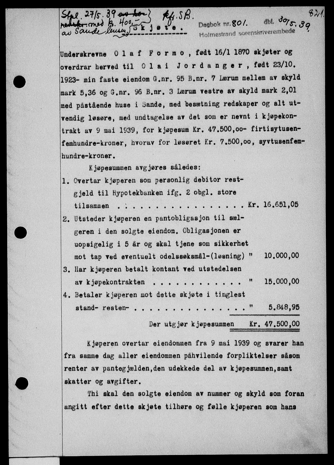 Holmestrand sorenskriveri, SAKO/A-67/G/Ga/Gaa/L0050: Pantebok nr. A-50, 1938-1939, Dagboknr: 801/1939