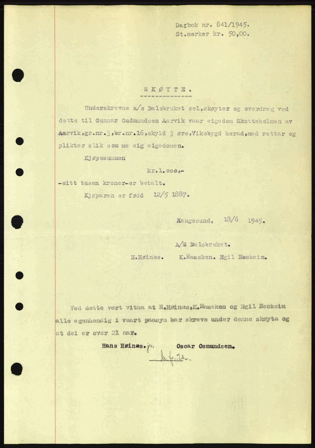 Sunnhordland sorenskrivar, AV/SAB-A-2401: Pantebok nr. A77, 1945-1945, Dagboknr: 841/1945