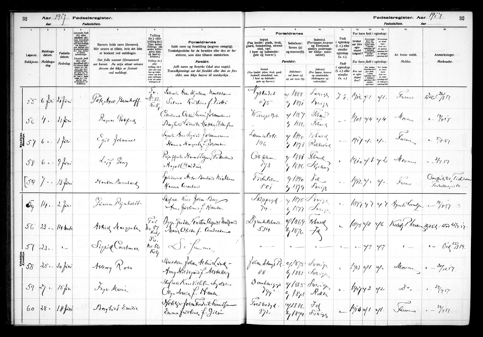 Halden prestekontor Kirkebøker, AV/SAO-A-10909/J/Ja/L0001: Fødselsregister nr. I 1, 1916-1925, s. 32