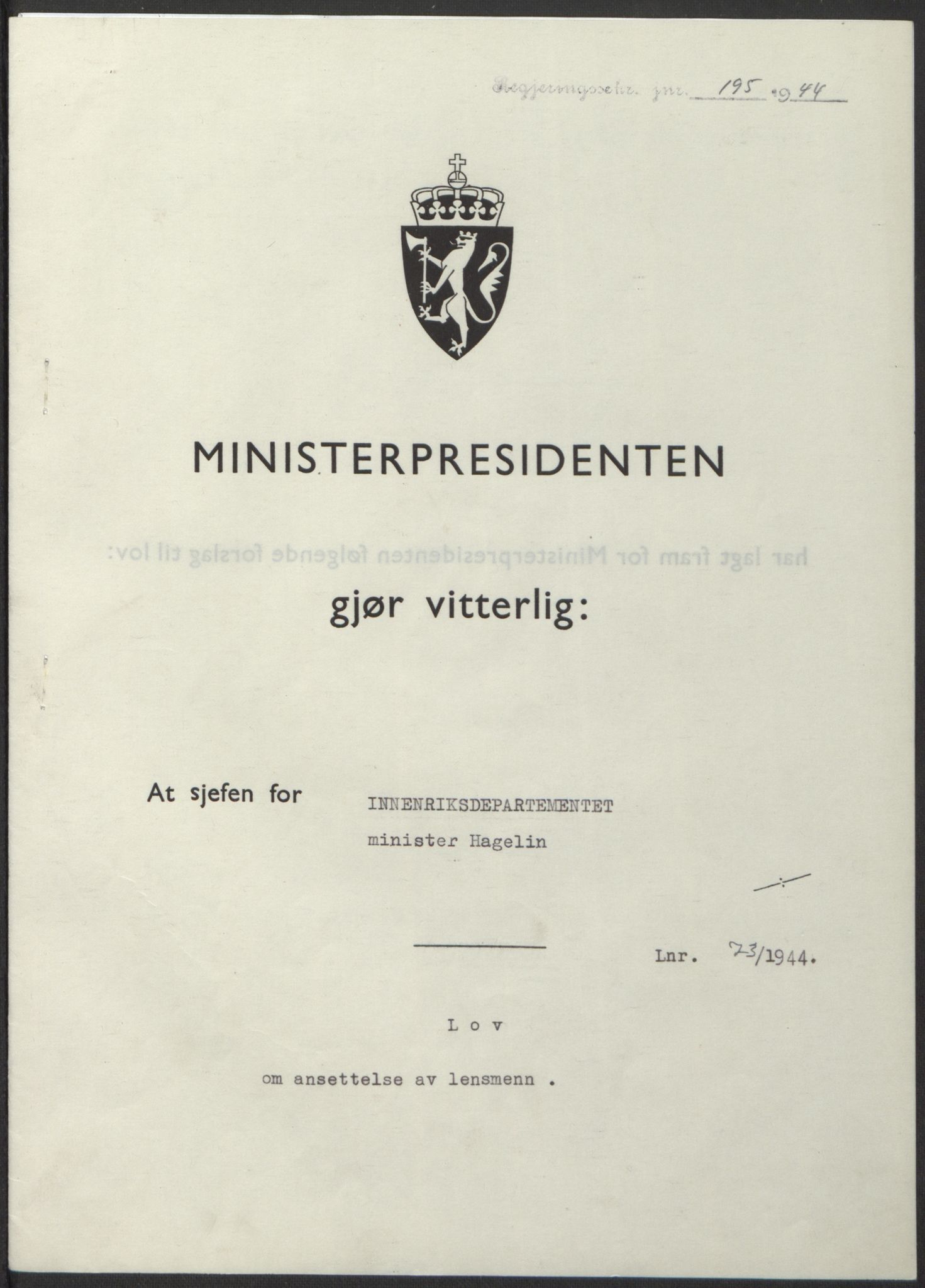 NS-administrasjonen 1940-1945 (Statsrådsekretariatet, de kommisariske statsråder mm), RA/S-4279/D/Db/L0100: Lover, 1944, s. 346