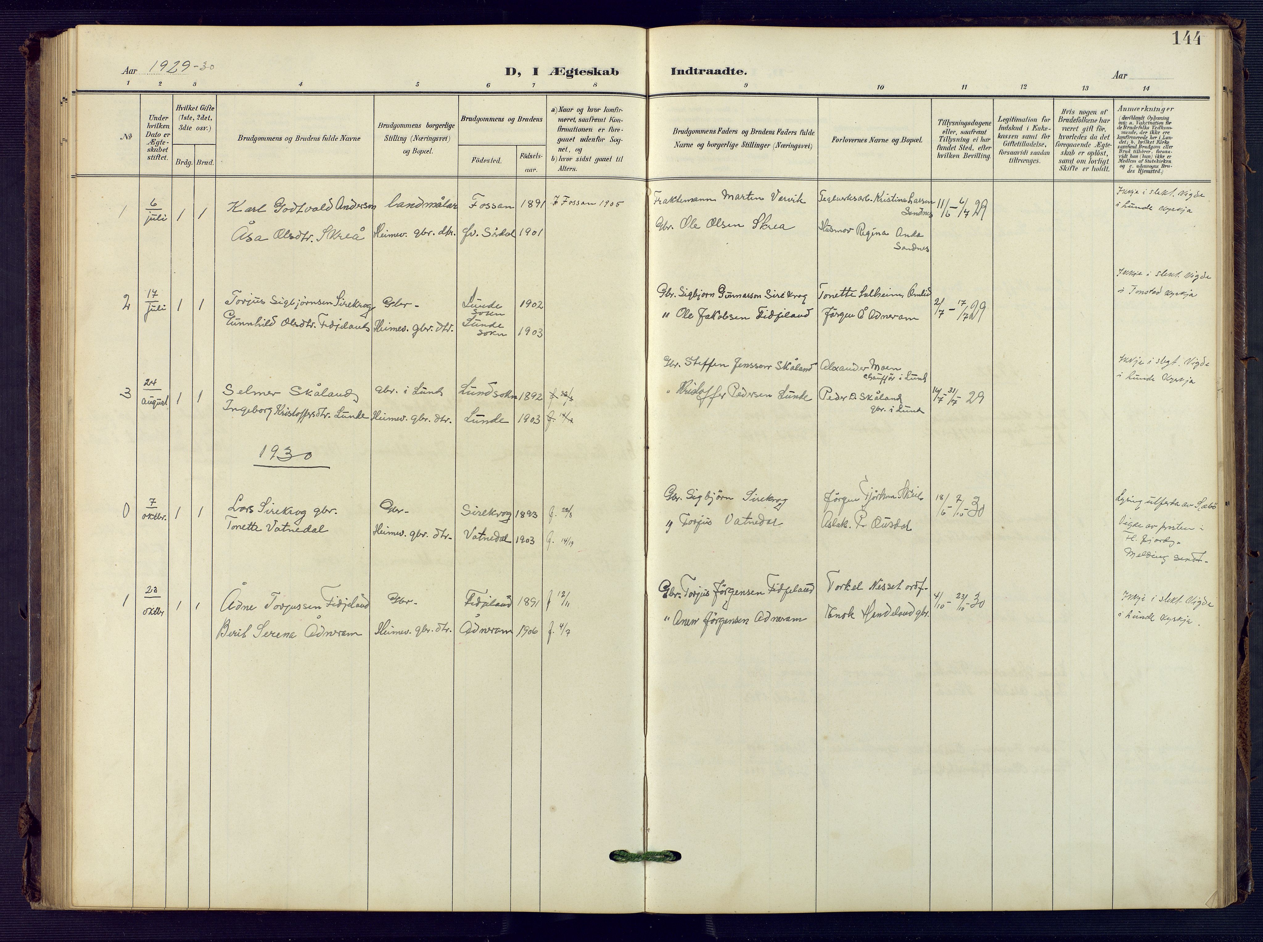 Sirdal sokneprestkontor, AV/SAK-1111-0036/F/Fb/Fba/L0002: Klokkerbok nr. B 2, 1905-1958, s. 144