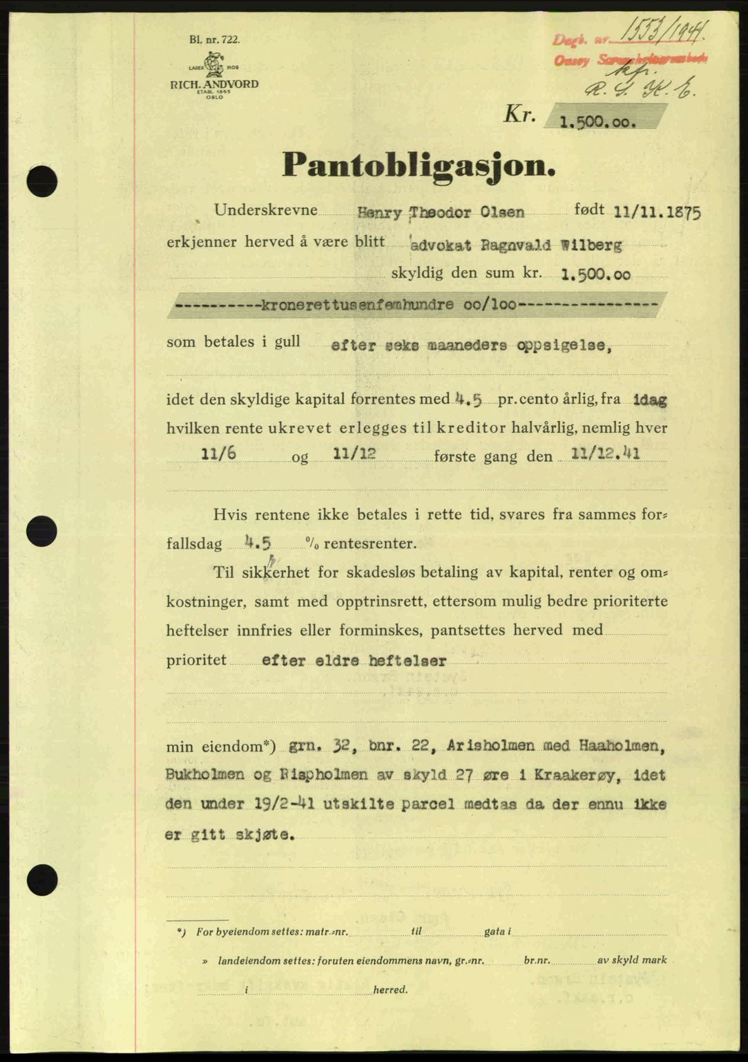 Onsøy sorenskriveri, SAO/A-10474/G/Ga/Gac/L0003: Pantebok nr. B3, 1940-1944, Dagboknr: 1553/1941