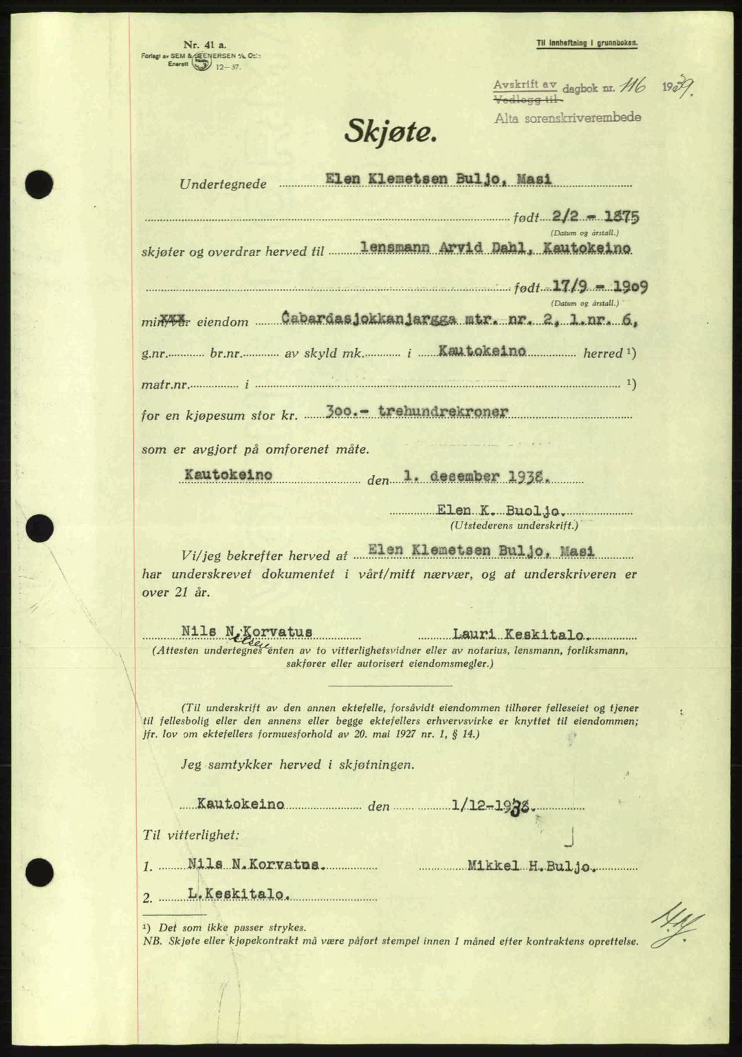 Alta fogderi/sorenskriveri, AV/SATØ-SATØ-5/1/K/Kd/L0031pantebok: Pantebok nr. 31, 1938-1939, Dagboknr: 116/1939