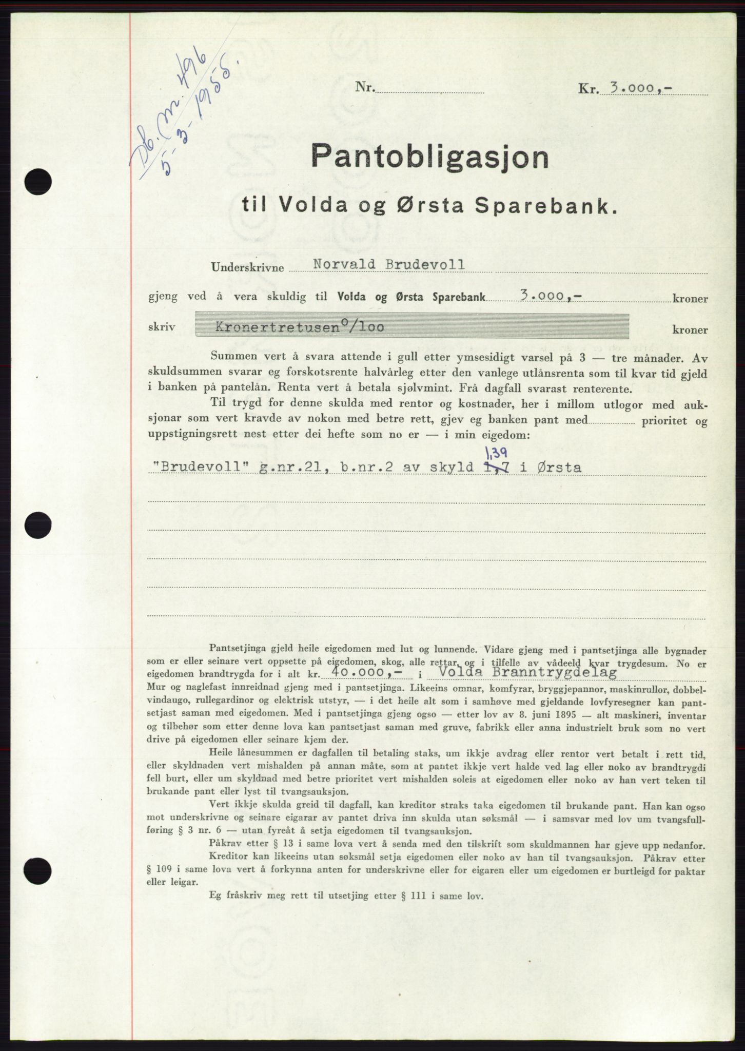 Søre Sunnmøre sorenskriveri, AV/SAT-A-4122/1/2/2C/L0126: Pantebok nr. 14B, 1954-1955, Dagboknr: 496/1955