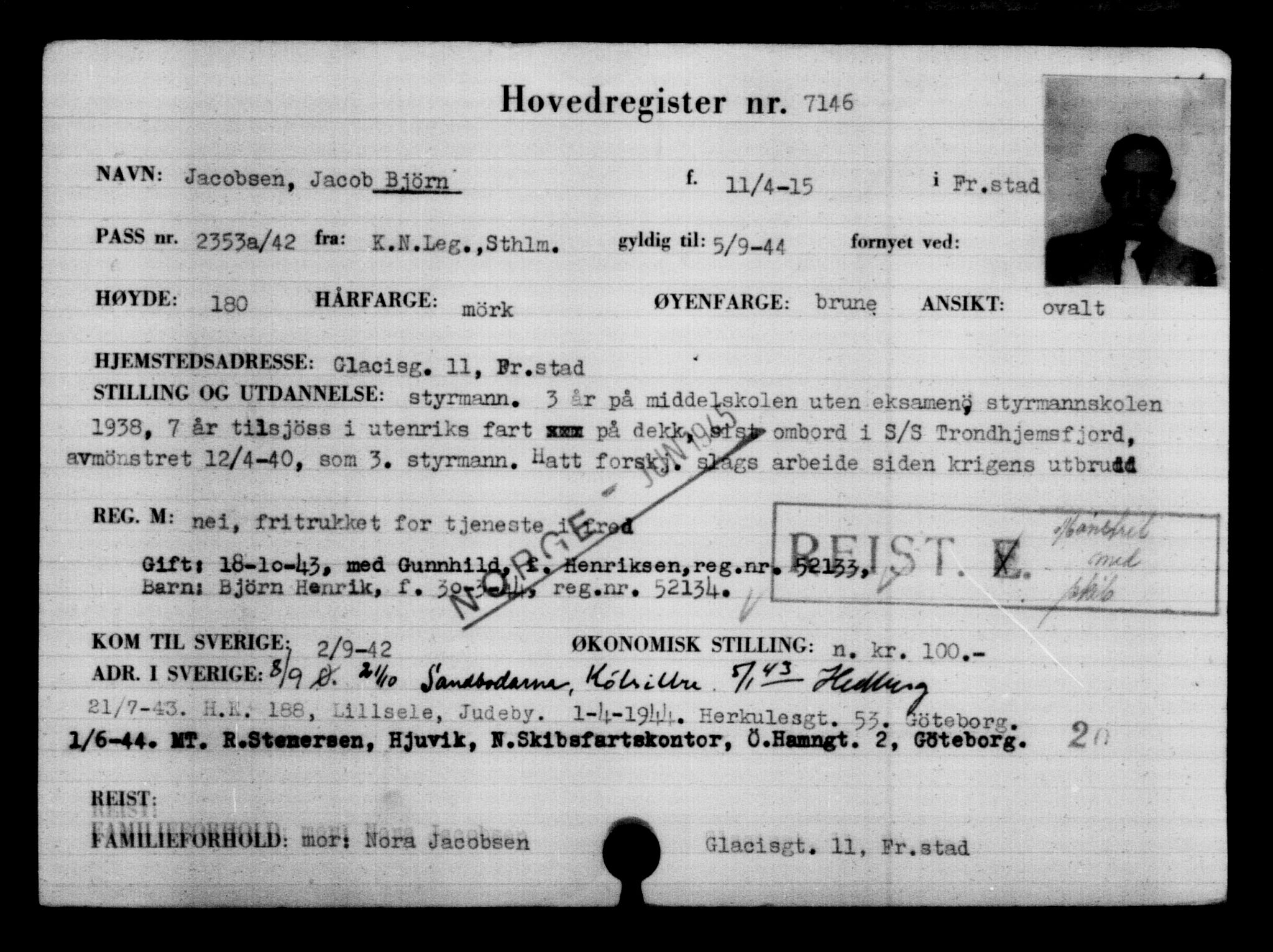 Utenriksstasjonene, Legasjonen i Stockholm, Flyktningkontoret, AV/RA-S-6753/V/Va/L0005: Kjesäterkartoteket, flyktning nr. 6600-9417, 1940-1945, s. 655