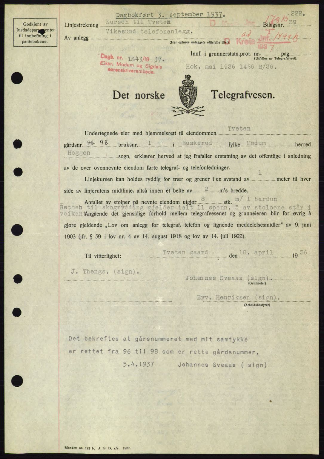 Eiker, Modum og Sigdal sorenskriveri, SAKO/A-123/G/Ga/Gab/L0036: Pantebok nr. A6, 1937-1937, Dagboknr: 1843/1937
