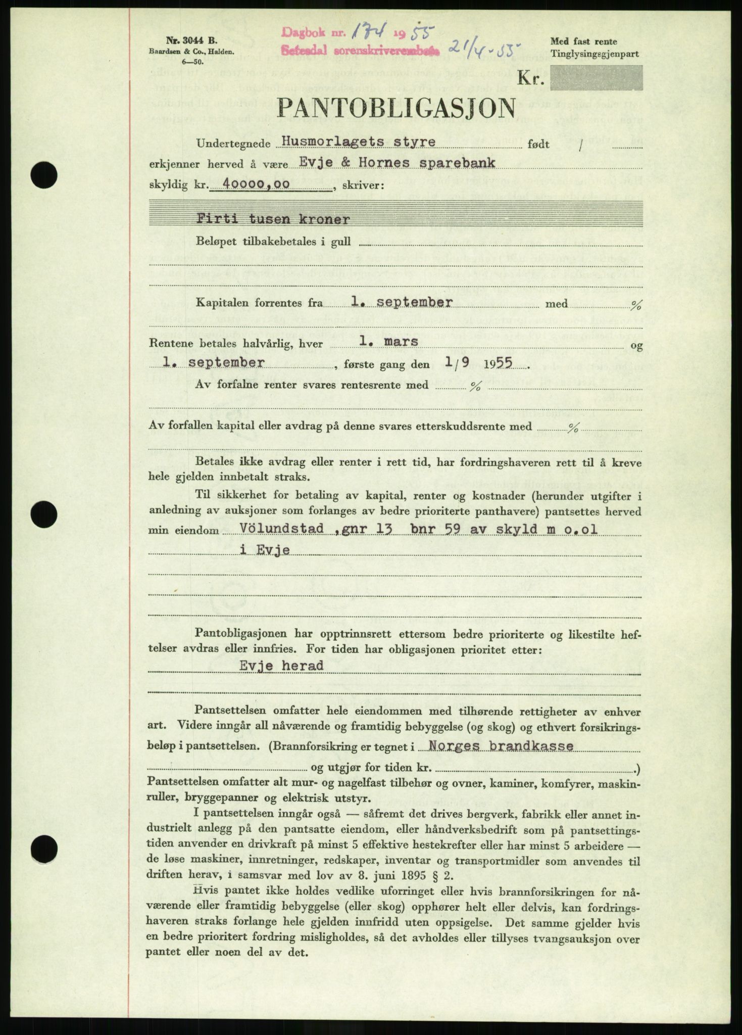 Setesdal sorenskriveri, SAK/1221-0011/G/Gb/L0052: Pantebok nr. B 40, 1954-1955, Dagboknr: 174/1955