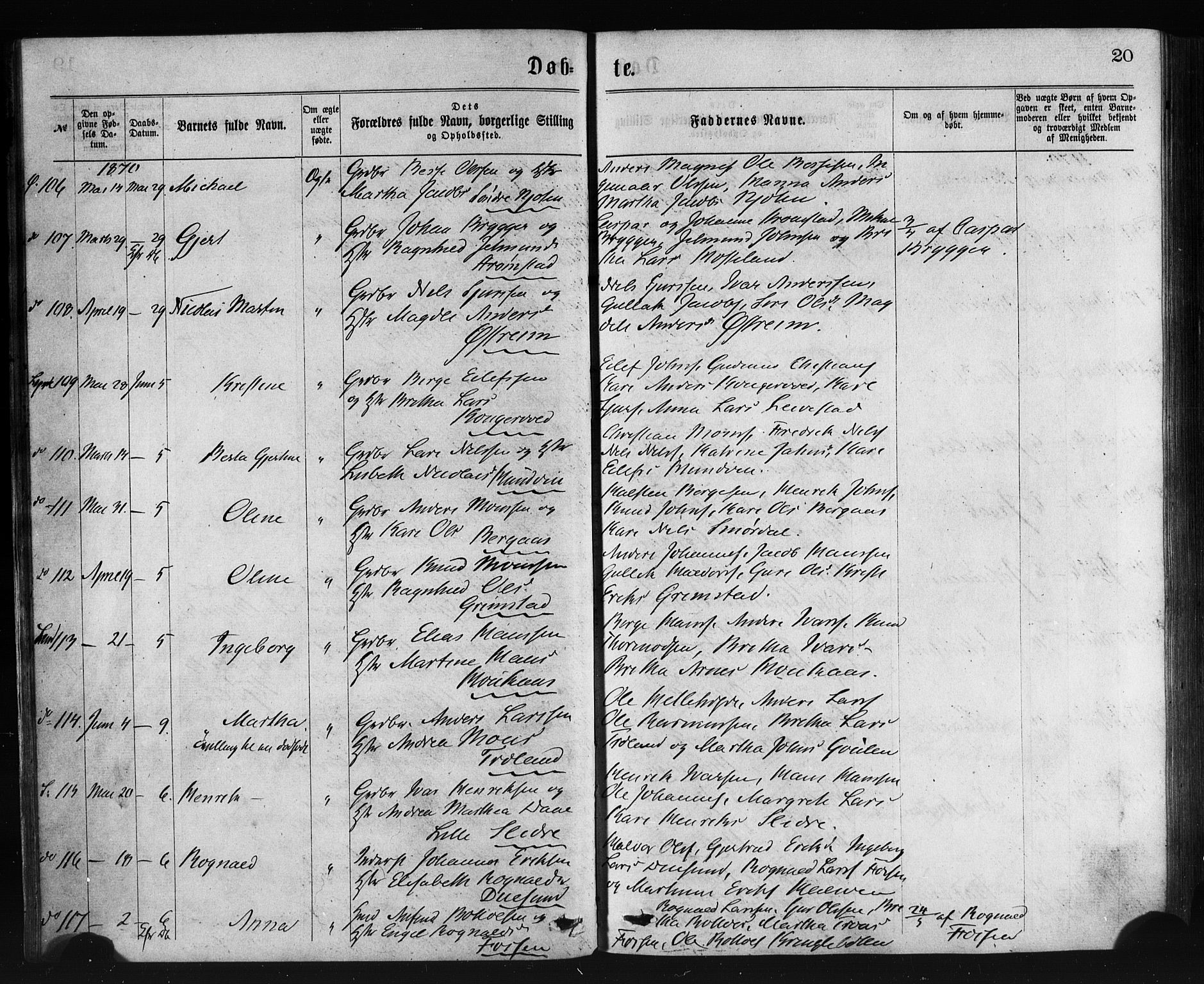 Lindås Sokneprestembete, AV/SAB-A-76701/H/Haa/Haaa/L0018: Ministerialbok nr. A 18, 1869-1885, s. 20