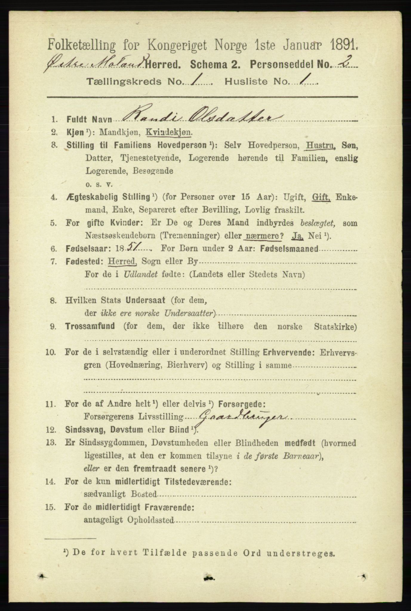 RA, Folketelling 1891 for 0918 Austre Moland herred, 1891, s. 95