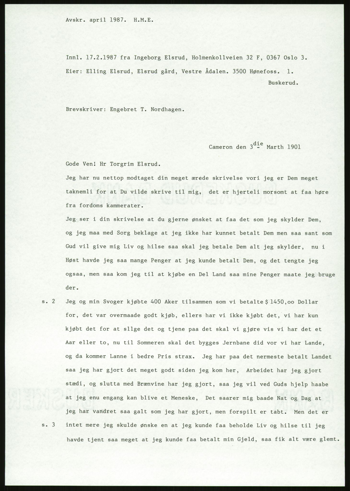 Samlinger til kildeutgivelse, Amerikabrevene, AV/RA-EA-4057/F/L0018: Innlån fra Buskerud: Elsrud, 1838-1914, s. 1041