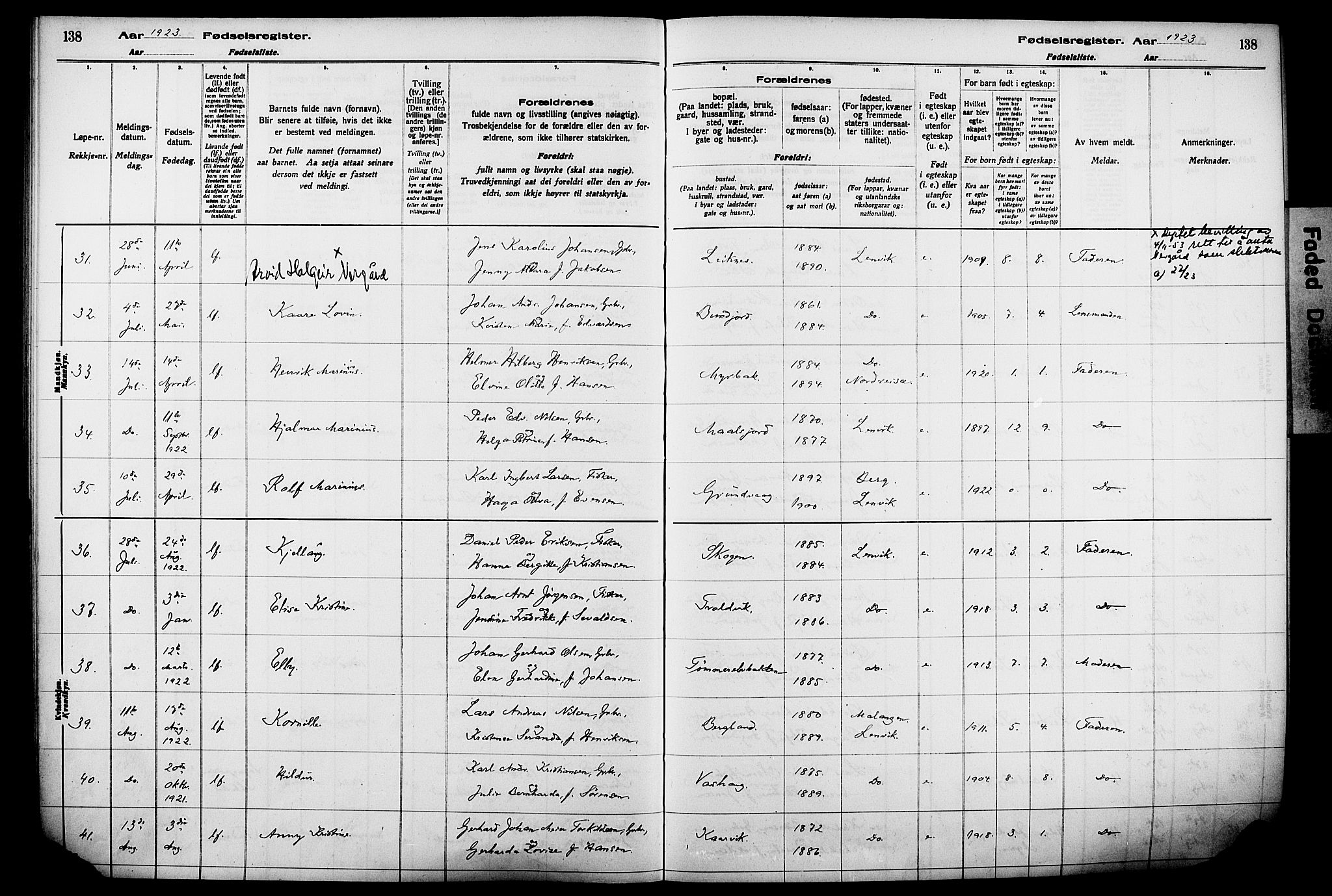 Lenvik sokneprestembete, AV/SATØ-S-1310/I/Ic/L0089: Fødselsregister nr. 89, 1916-1926, s. 138
