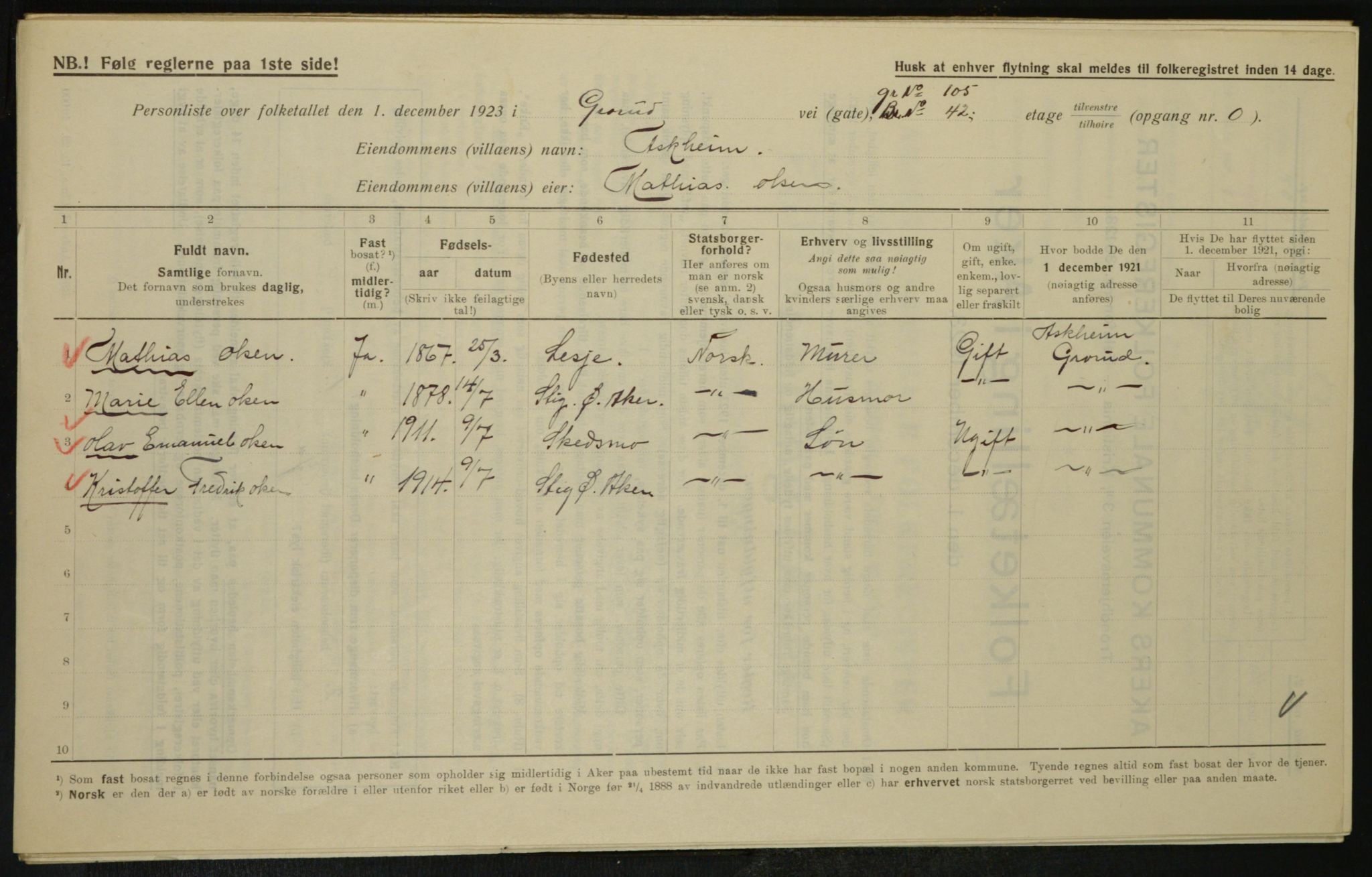 , Kommunal folketelling 1.12.1923 for Aker, 1923, s. 25099