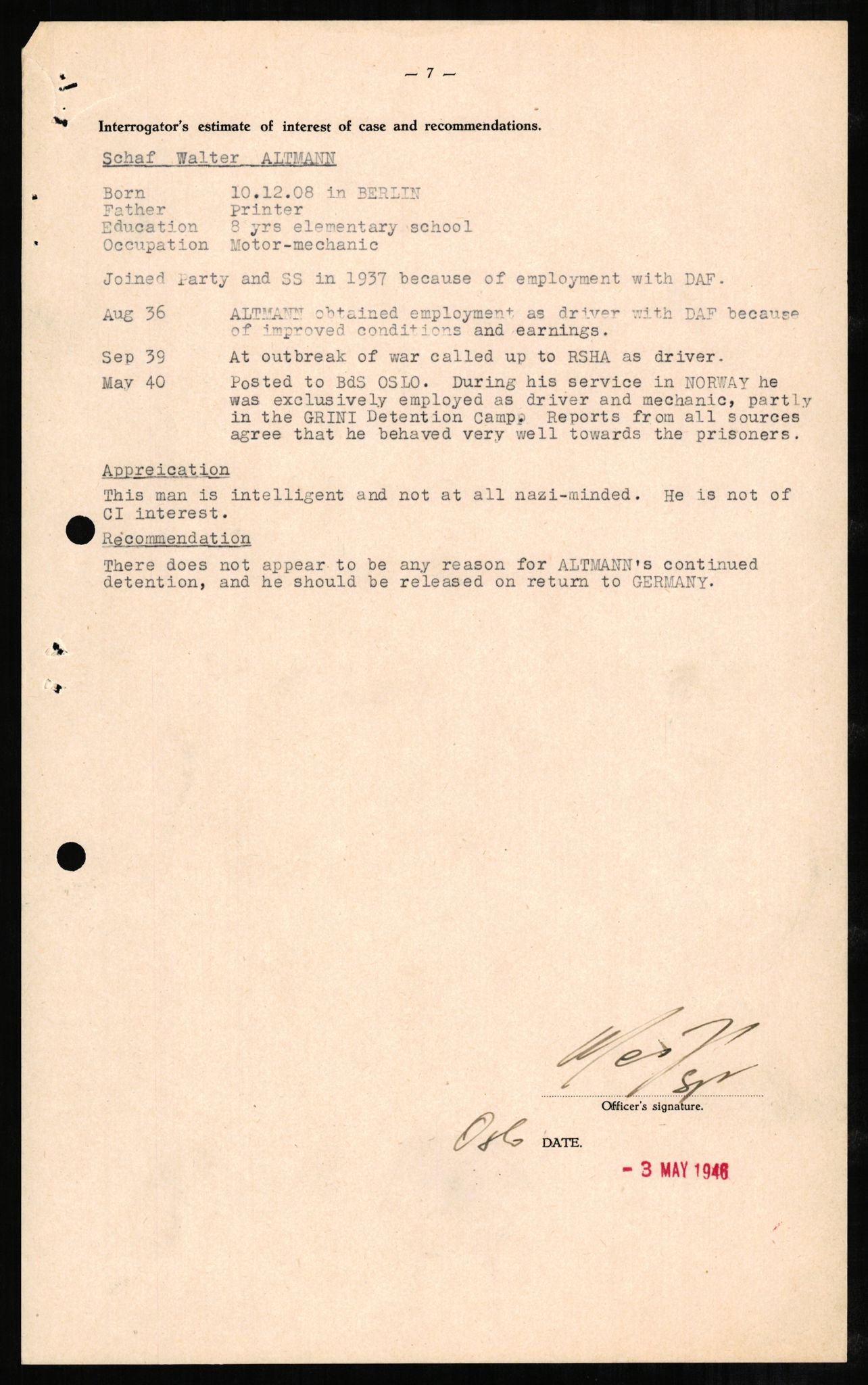 Forsvaret, Forsvarets overkommando II, AV/RA-RAFA-3915/D/Db/L0001: CI Questionaires. Tyske okkupasjonsstyrker i Norge. Tyskere., 1945-1946, s. 190